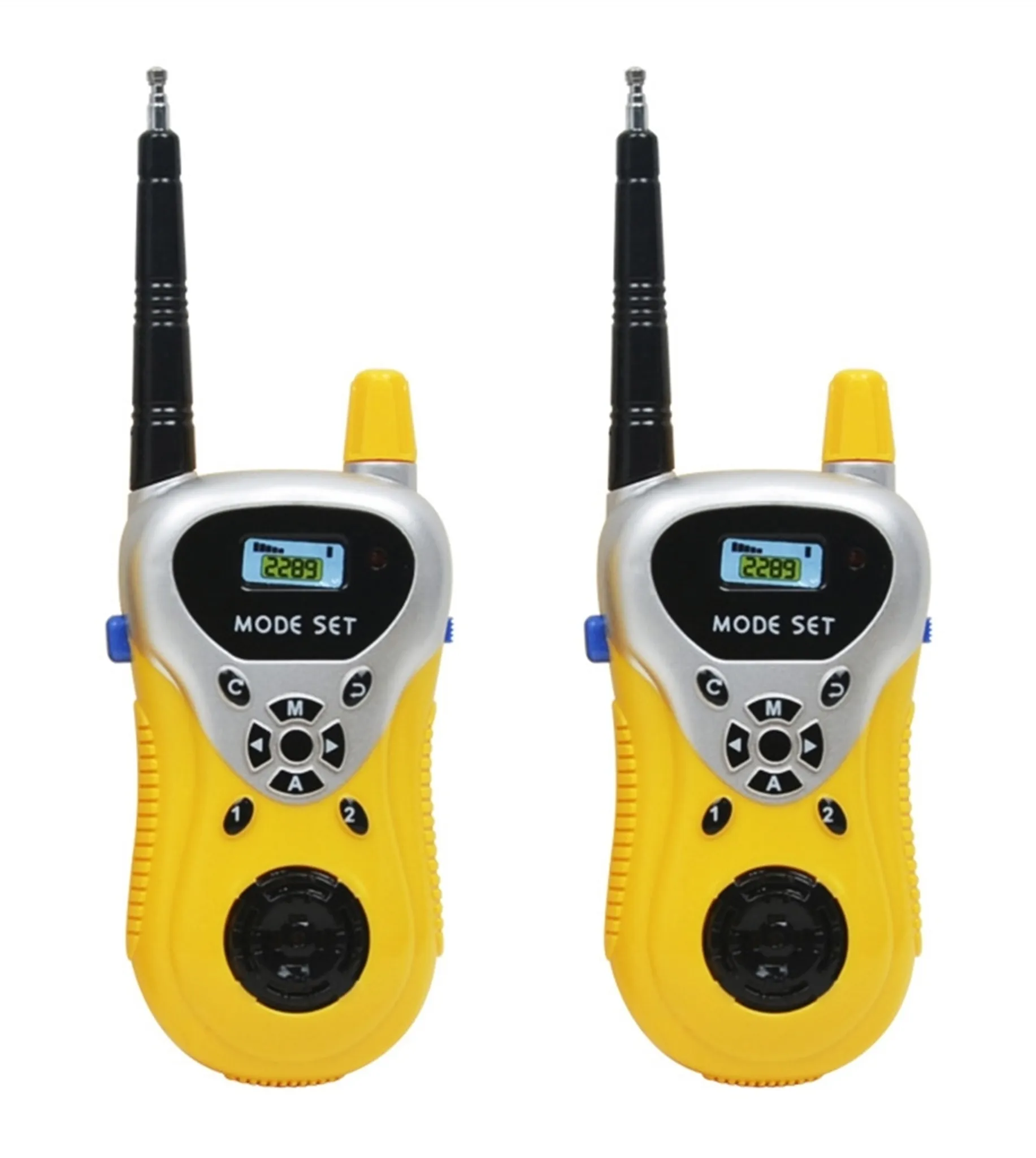 Zwei gelbe Walkie-Talkies mit Antennen, schwarzen Bildschirmen und Knöpfen, auf weißem Hintergrund.