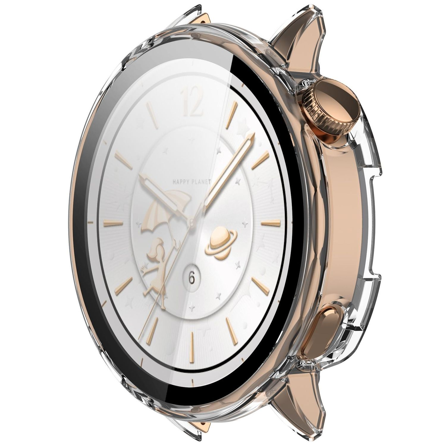 Smartwatch oro rosa con custodia protettiva trasparente.