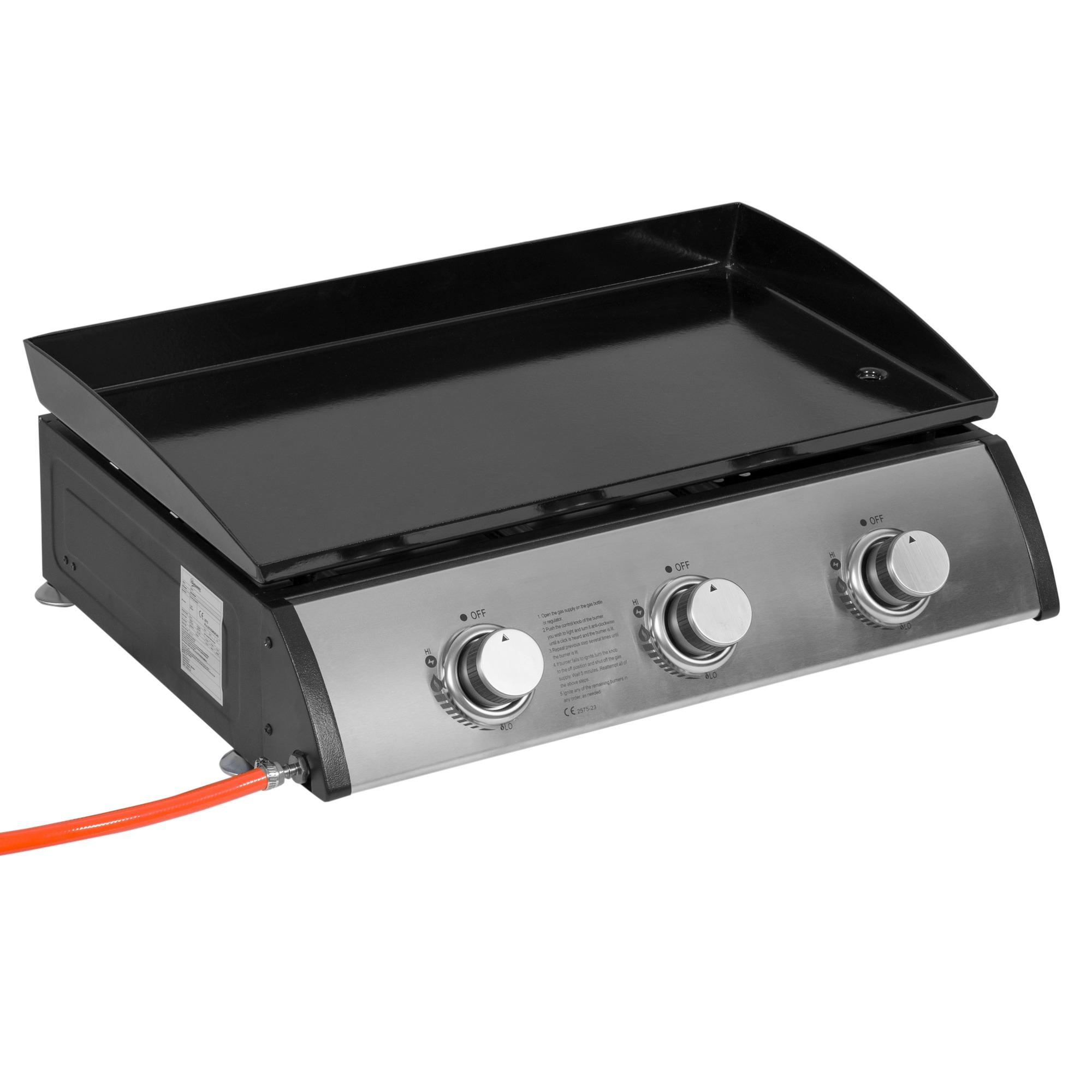 Gasgrill aus Edelstahl mit drei Knöpfen und schwarzer Grillplatte.