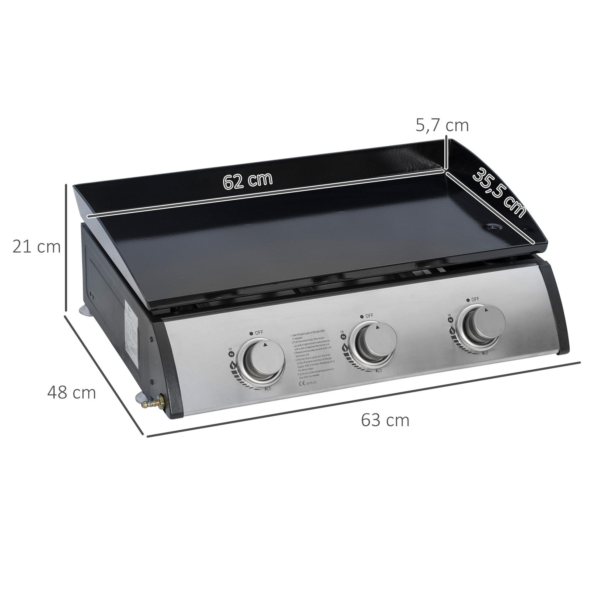 Gasgrill mit beschrifteten Abmessungen. Schwarze Kochfläche, silberfarbener Körper und drei Drehknöpfe.