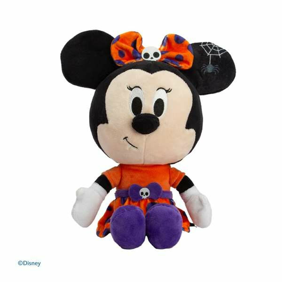 Minnie Mouse Plüschtier in Halloween-Kostüm. Orangefarbenes Kleid und Schleife, lila Rock und Schuhe. Schwarze Ohren.