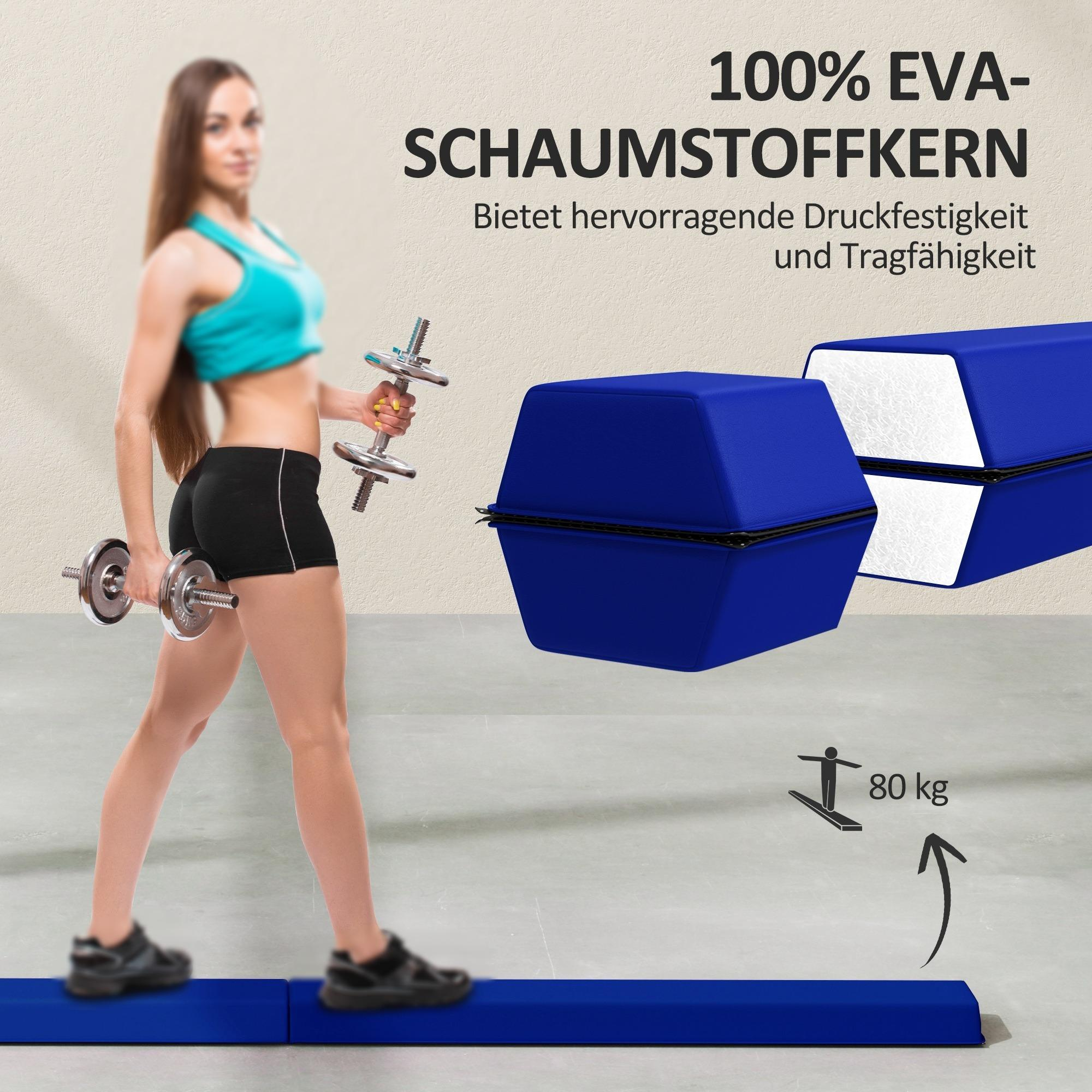 Eine Frau, die Kurzhanteln hält, mit blauen Schwebebalken und Text über EVA-Schaumkern.