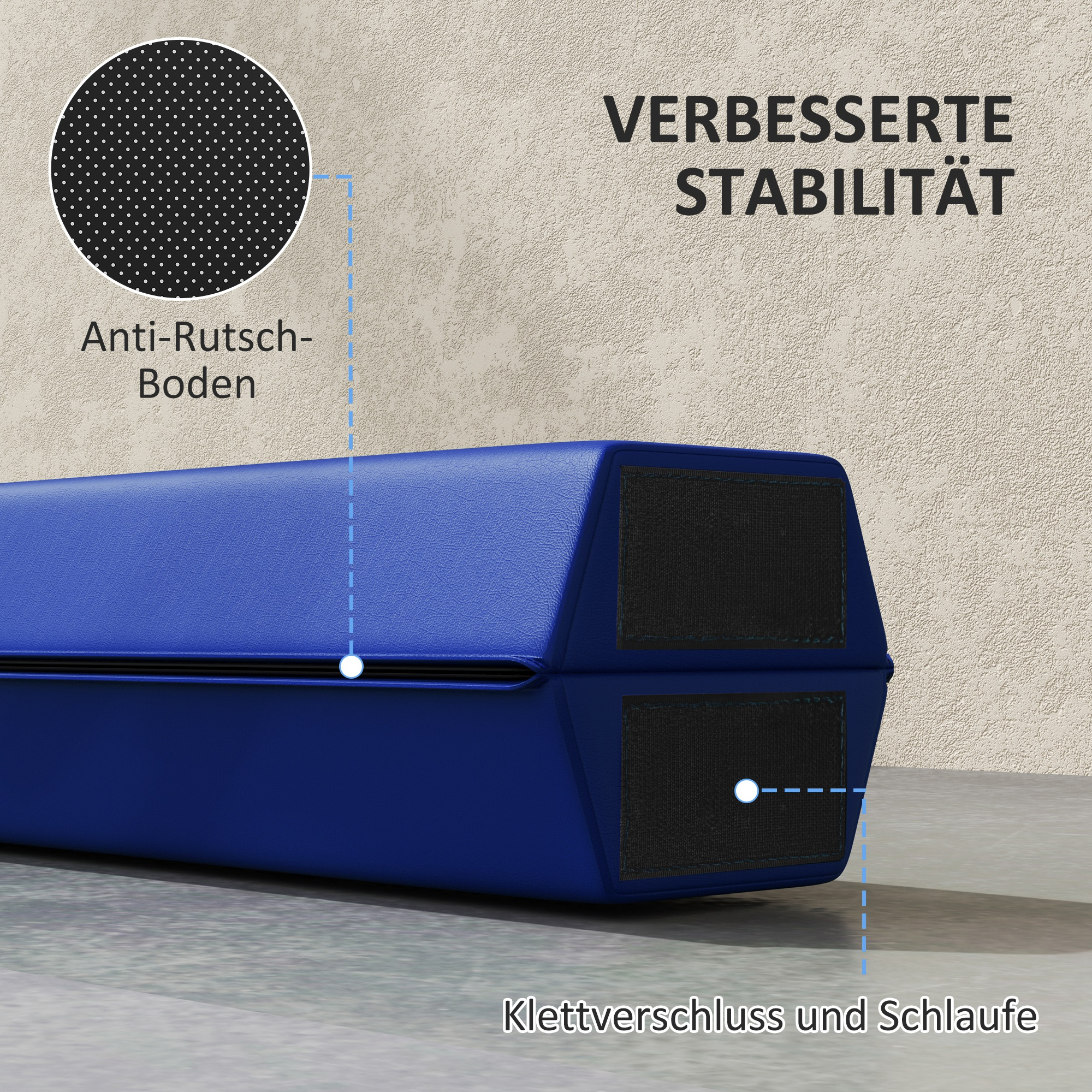 Blauer Schwebebalken. Der Text auf dem Produkt ist auf Deutsch.