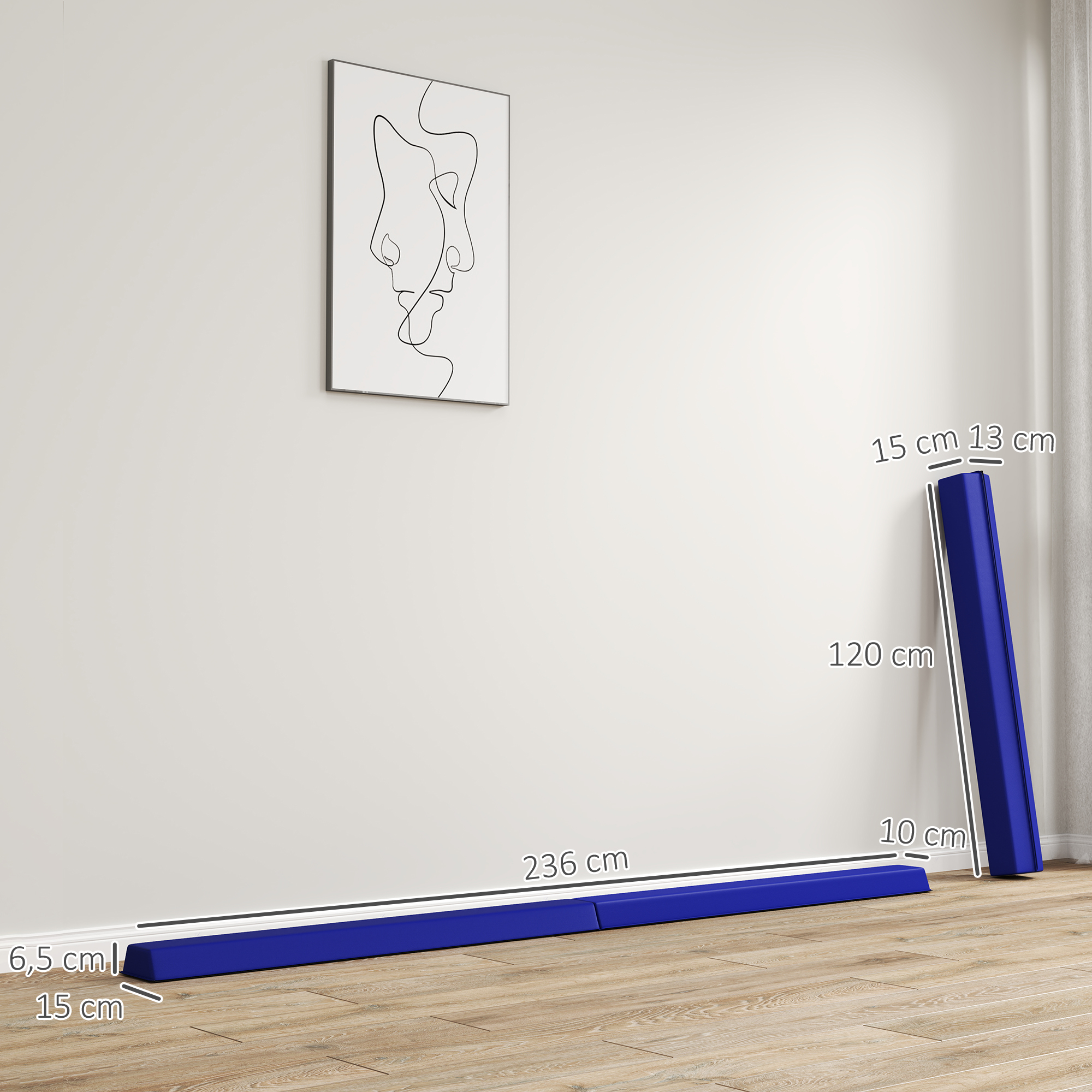 Zwei blaue Schwebebalken auf einem Holzboden vor einer weißen Wand mit einem abstrakten Kunstwerk.