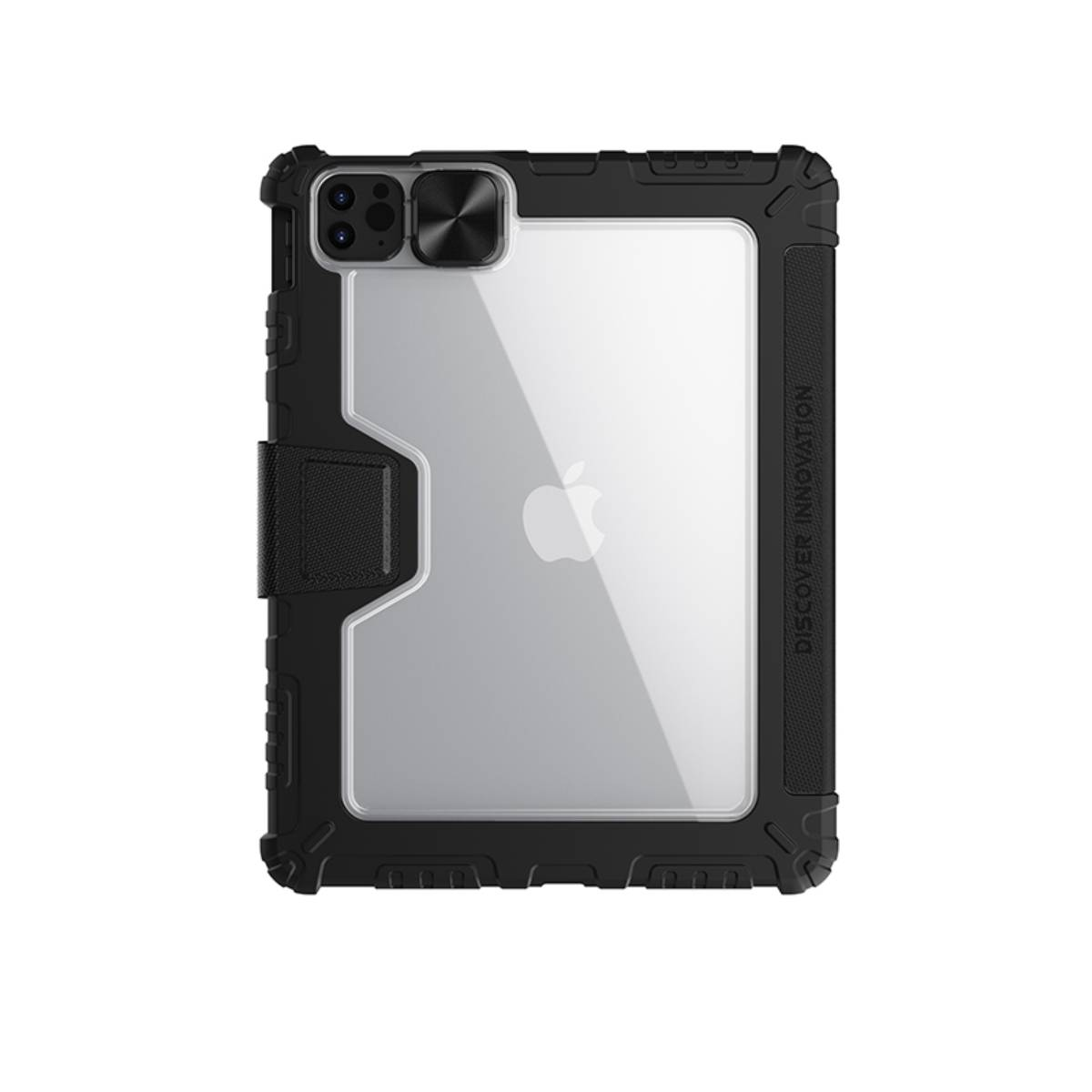 Eine schwarze Handyhülle mit durchsichtigem Rücken, die ein Apple-Logo und einen schwarzen Rahmen zeigt.