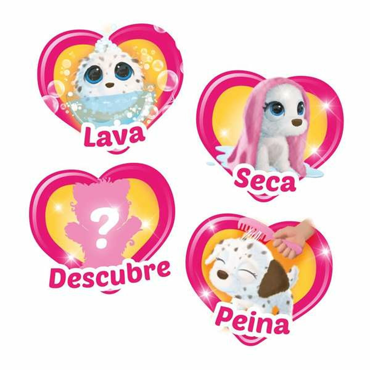 Cuatro pegatinas en forma de corazón con ilustraciones de cachorros. El texto incluye 'Lava', 'Seca', 'Descubre' y 'Peina'.