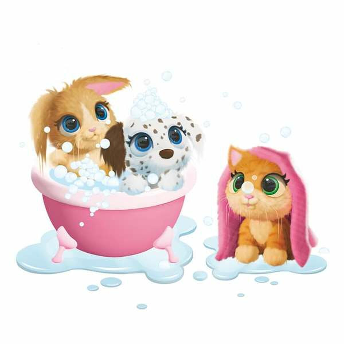 Cachorros de dibujos animados y un gato en un baño. Una bañera rosa con burbujas. El gato lleva una toalla rosa.