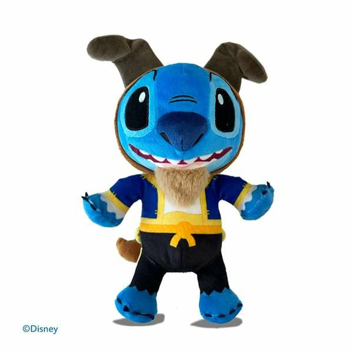 Eine blaue Stitch-Plüschpuppe in einem beastartigen Outfit mit gelben Akzenten und braunen Hörnern.