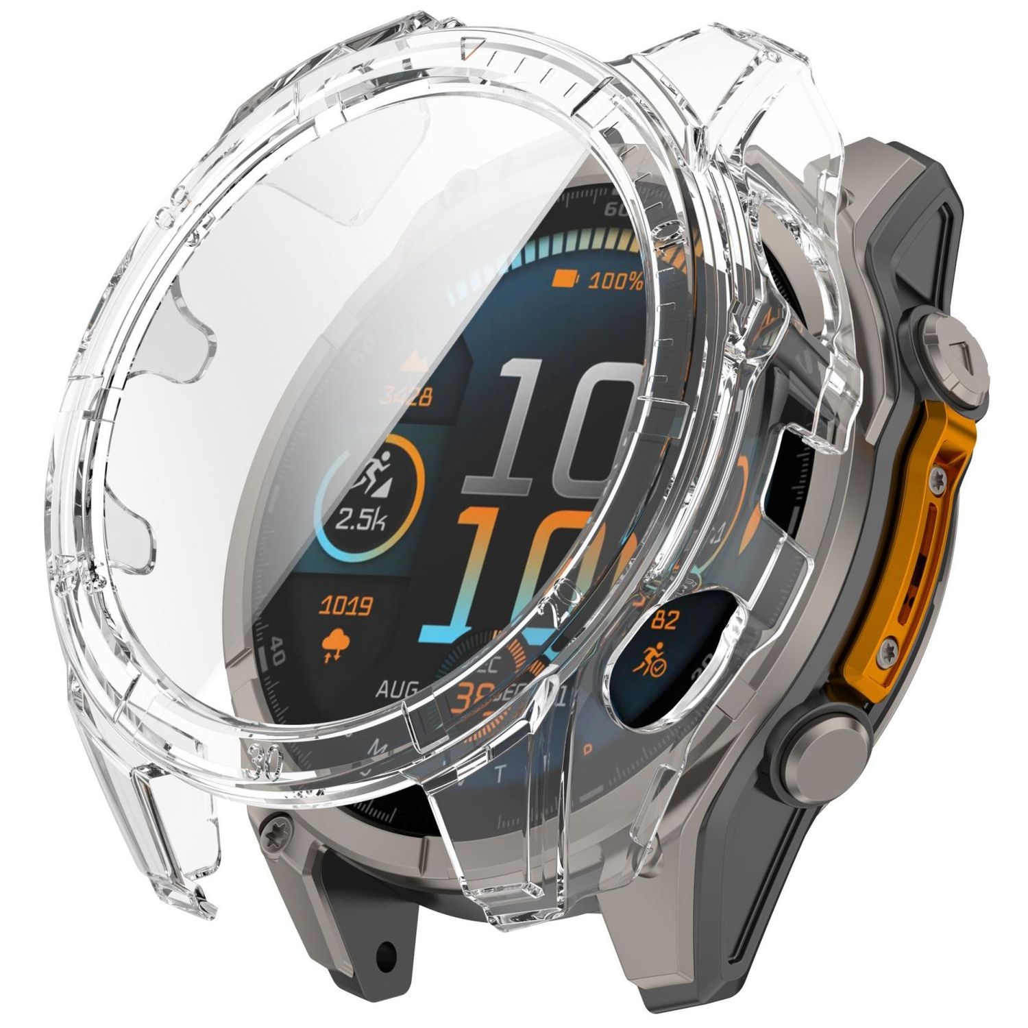Eine Smartwatch mit klarer Schutzhülle, die eine digitale Anzeige mit Aktivitätsdaten zeigt.