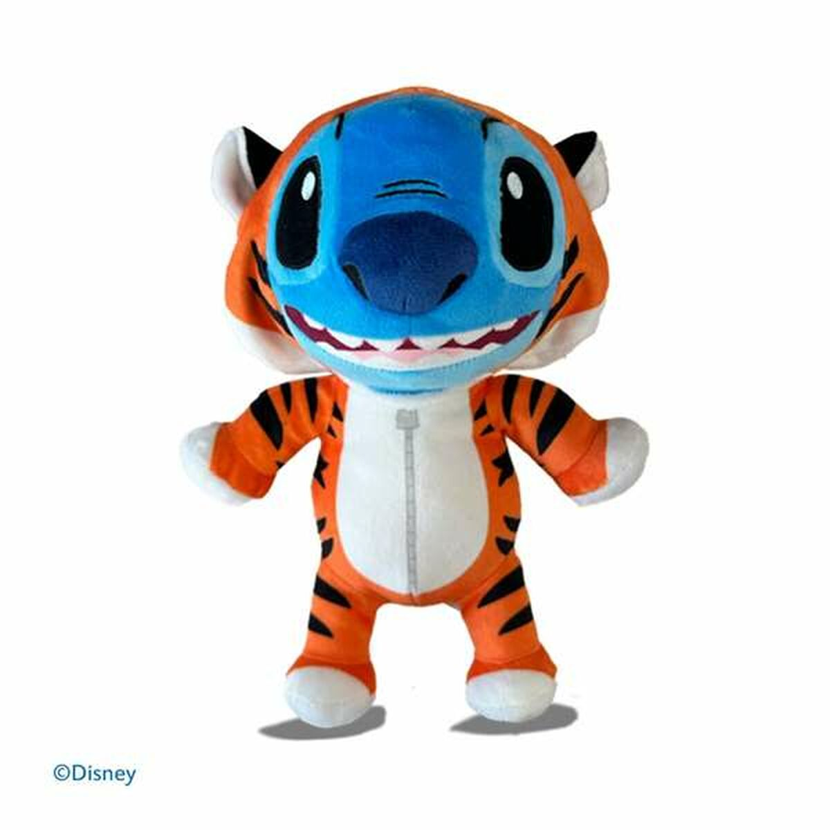 Ein Stitch-Plüschtier, das ein Tigerkostüm trägt. Es ist orange und weiß mit schwarzen Streifen.