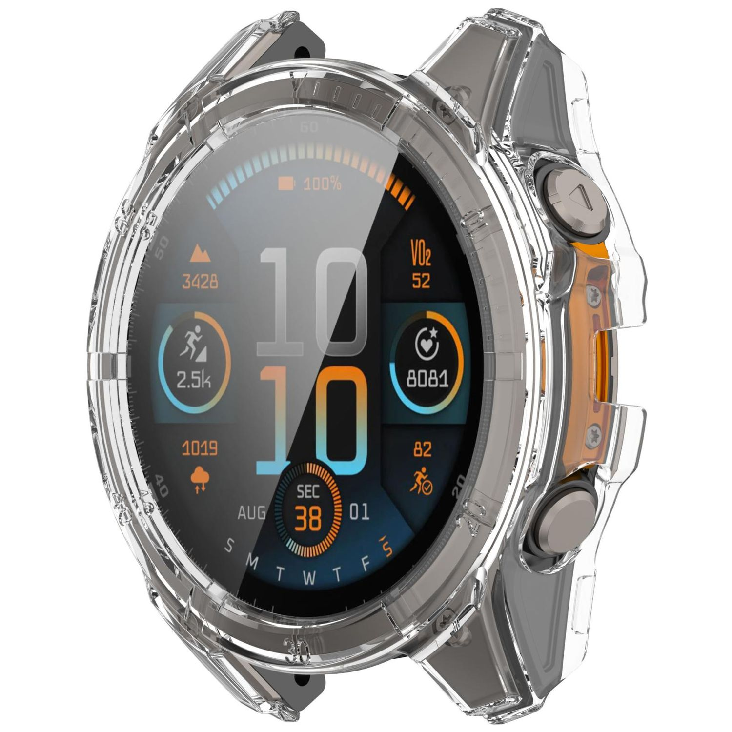 Eine Smartwatch mit klarer Schutzhülle, die eine digitale Anzeige mit Aktivitätsdaten zeigt.