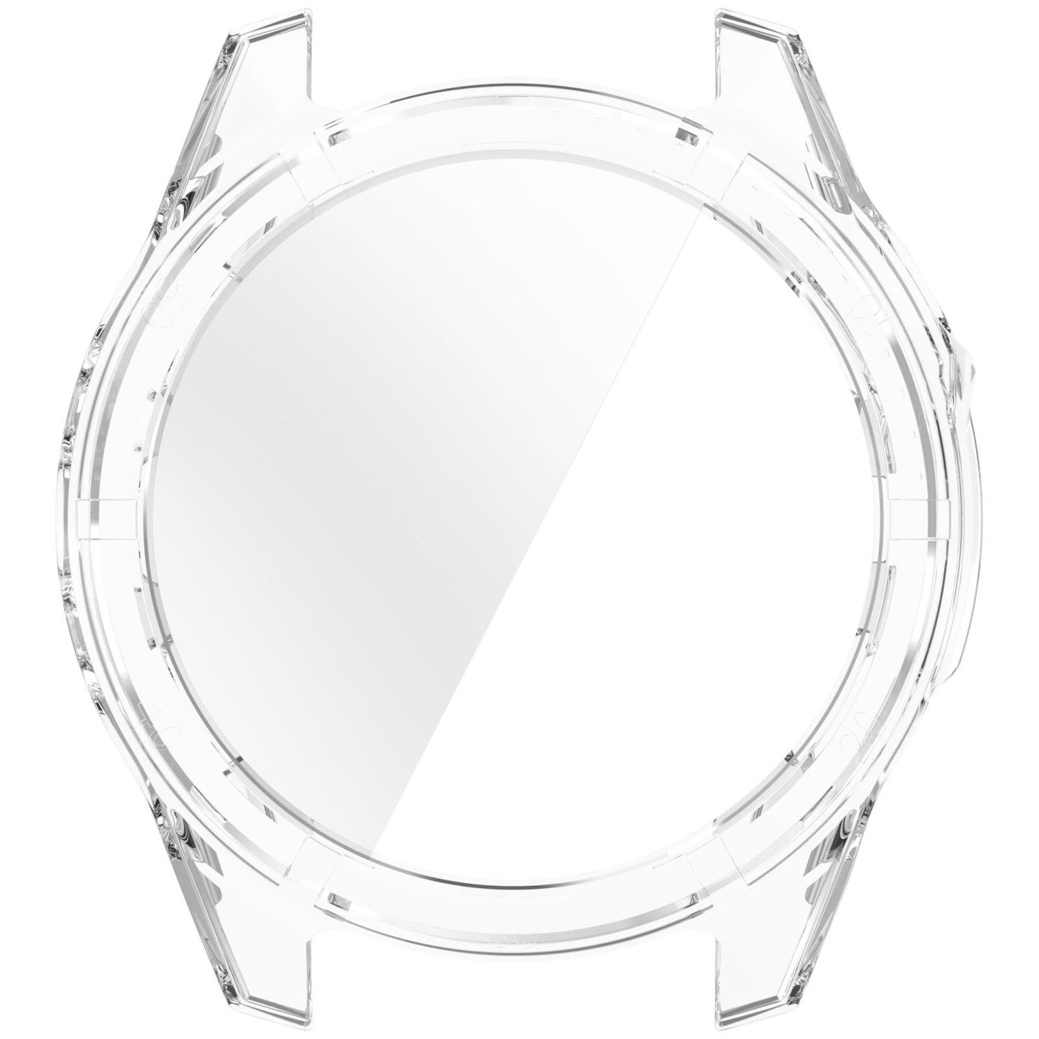 Transparente Kunststoff-Uhrenhülle. Das transparente Design ermöglicht die Sicht auf die Uhr.