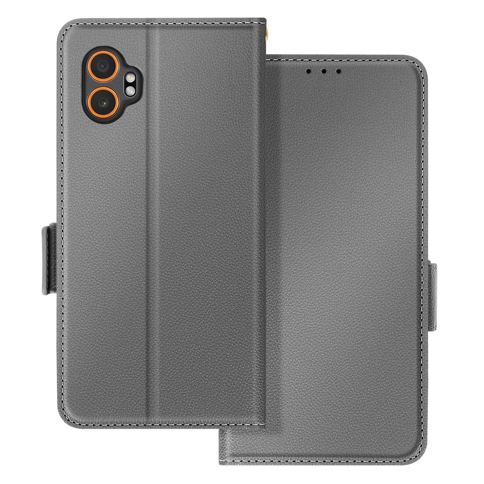 Custodia grigia con fori per doppia fotocamera e interno grigio con bordo nero.
