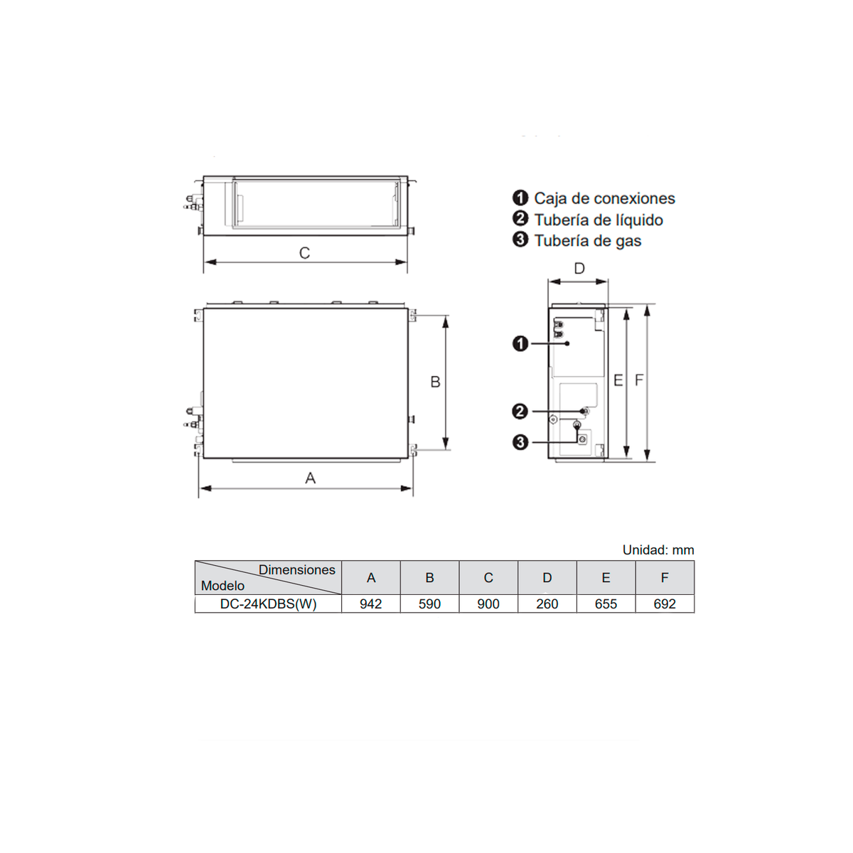 Diagrama de un aire acondicionado con dimensiones y una tabla que muestra especificaciones en mm.