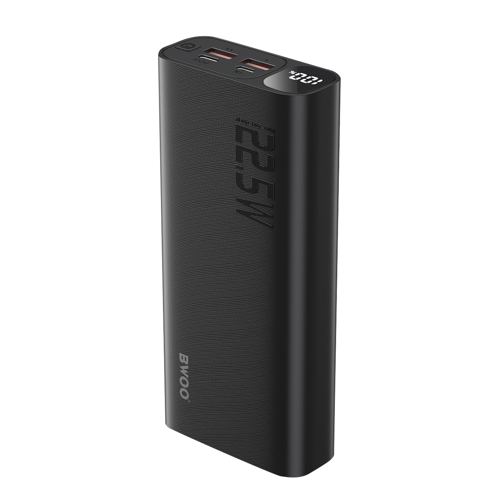 Schwarze Powerbank mit 22,5W Text, BWOO-Logo, und 100% Anzeige.