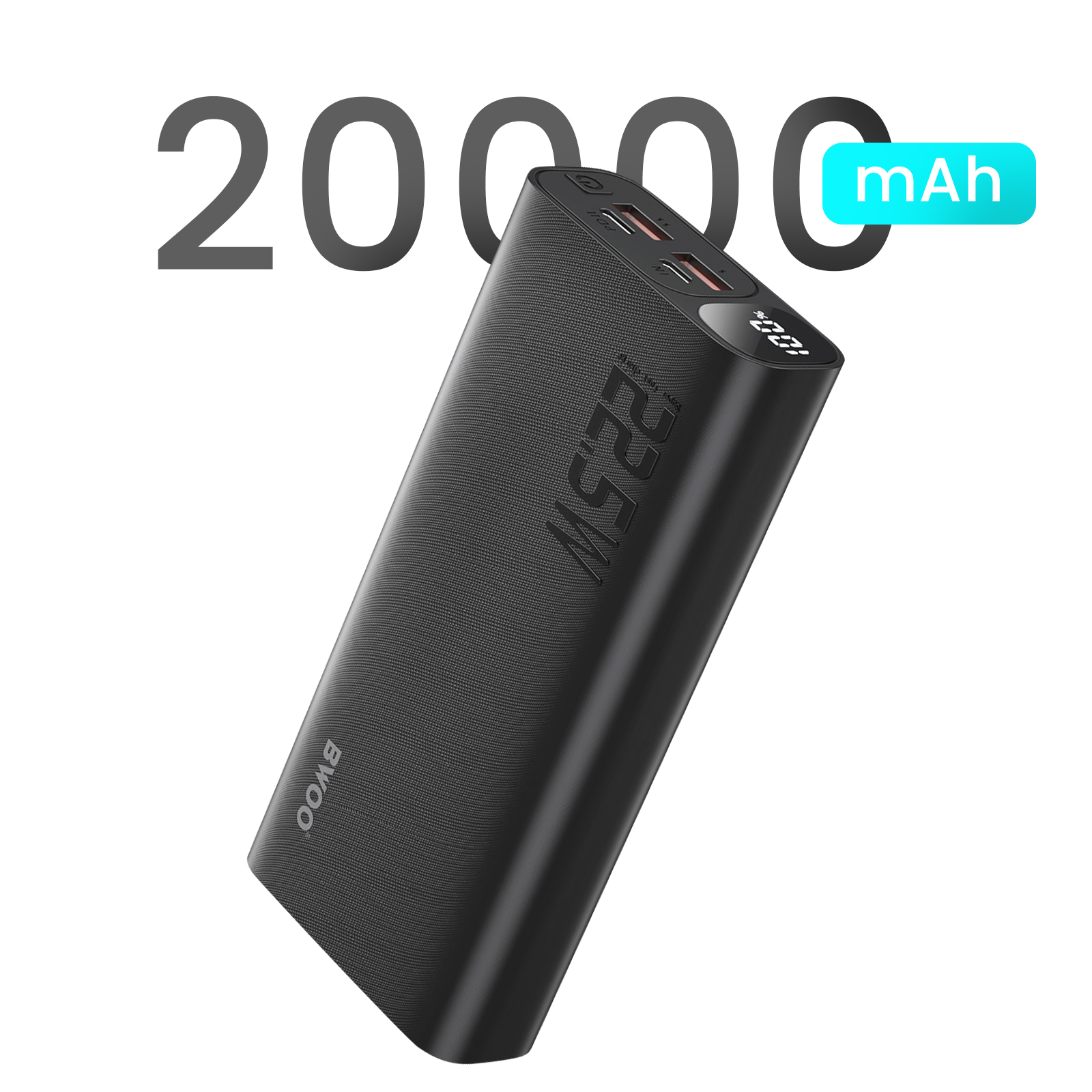 Schwarze Powerbank mit Digitalanzeige, die 100% anzeigt.