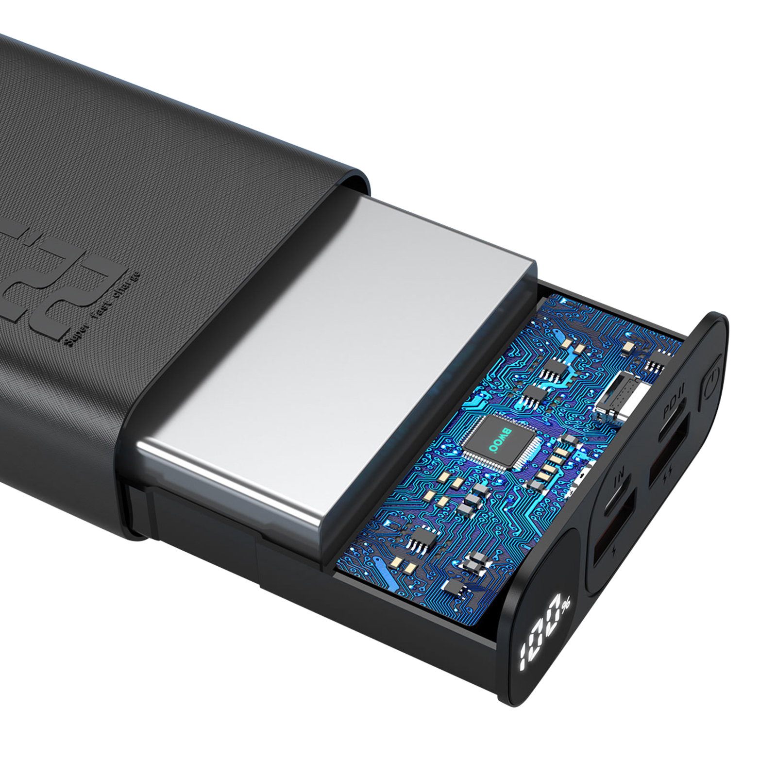Powerbank mit freiliegender Platine, Metallbatterie und 100% Anzeige.
