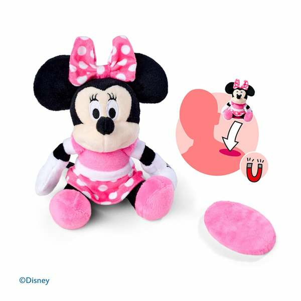 Minnie Mouse Plüschtier mit Schleife und rosa Kleid, mit Magnetfunktion.