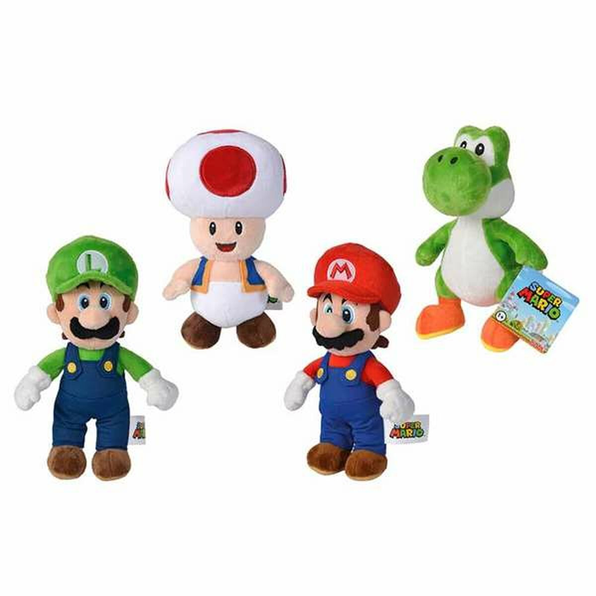 Vier Mario-Plüschtiere: Luigi, Toad, Mario und Yoshi. Alle befinden sich auf einer weißen Oberfläche.