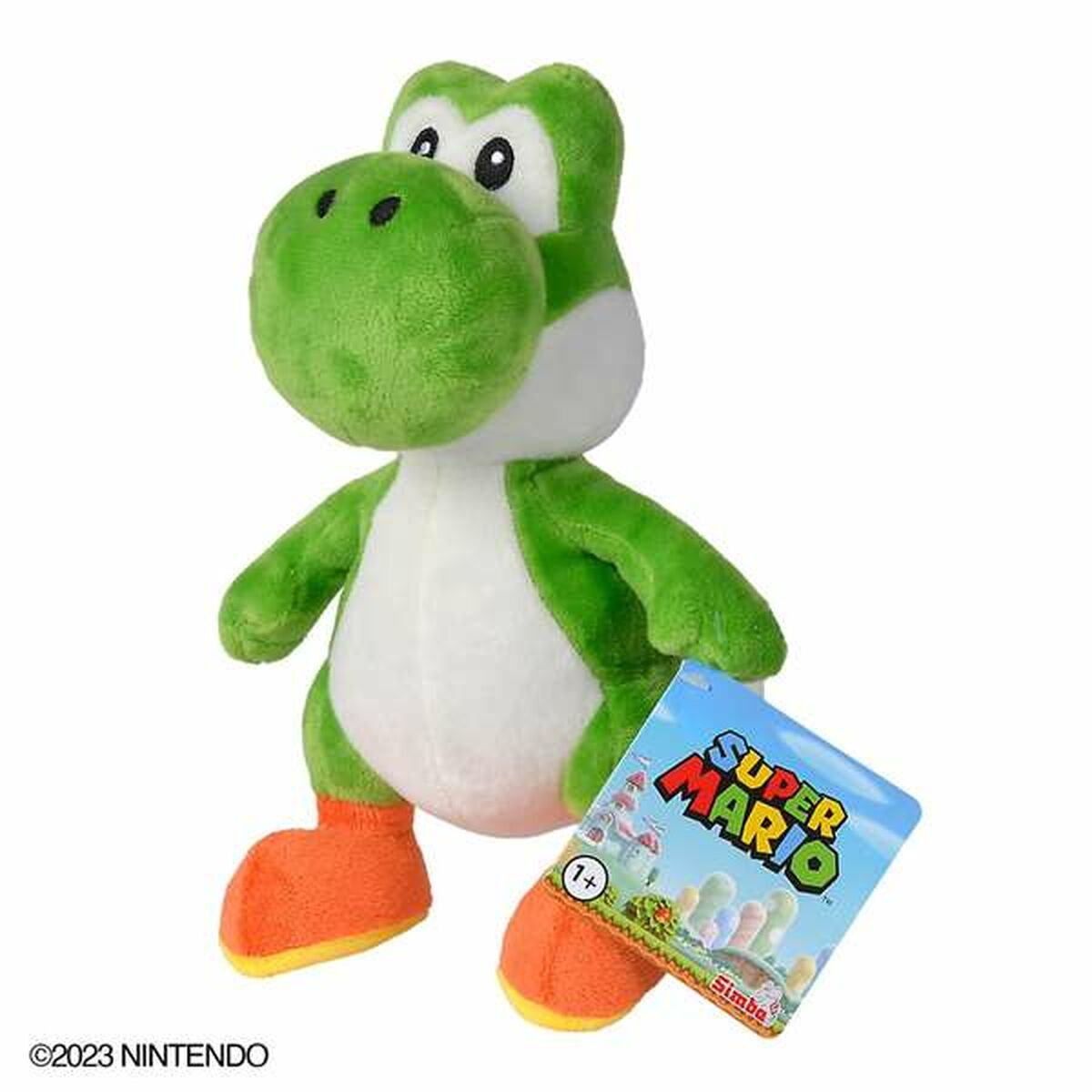 Yoshi-Plüschtier mit einem Super Mario-Etikett.