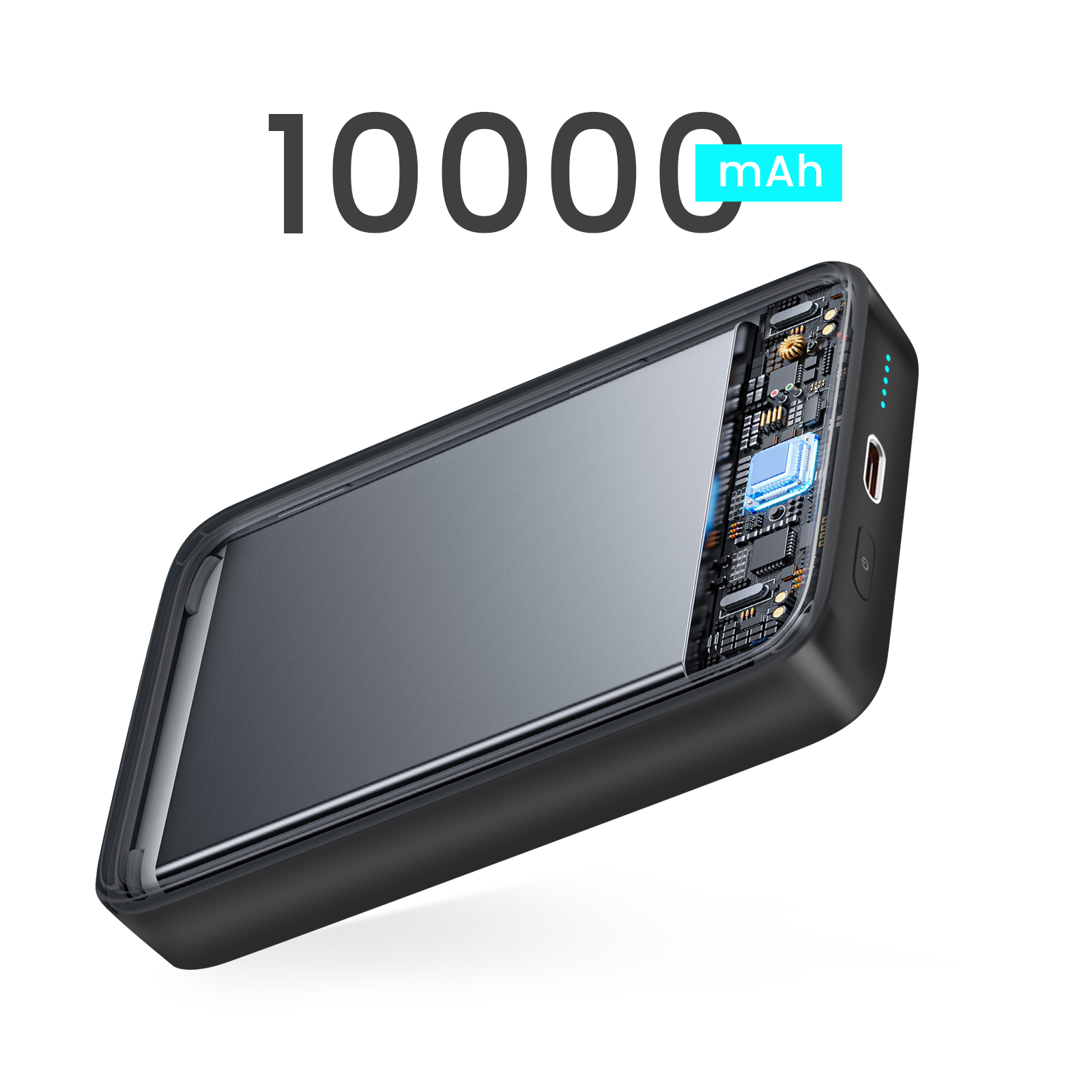 Schwarze Powerbank mit 10000 mAh oben. Sie ist teilweise geöffnet und zeigt die Schaltkreise.