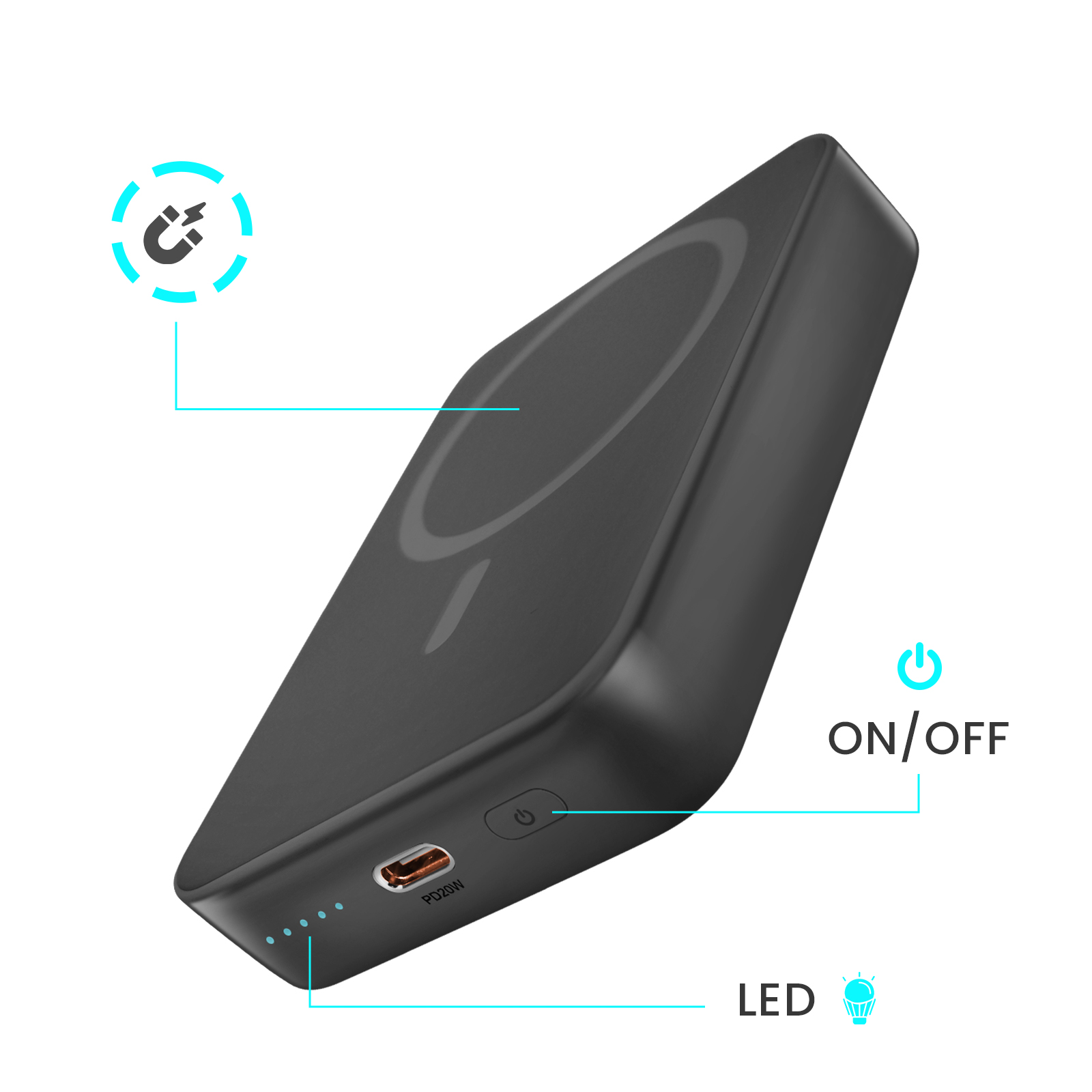 Schwarze Powerbank mit kabellosem Laden auf weißem Hintergrund. Symbole zeigen Strom, Ein/Aus und LED.