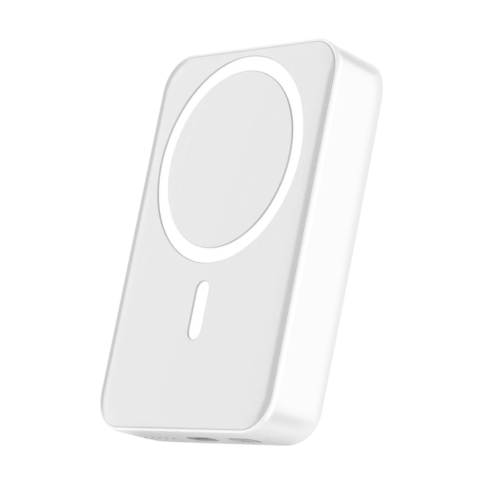 Weiße Powerbank mit kreisförmigem Ladebereich. Weißer Hintergrund. Winkelansicht.
