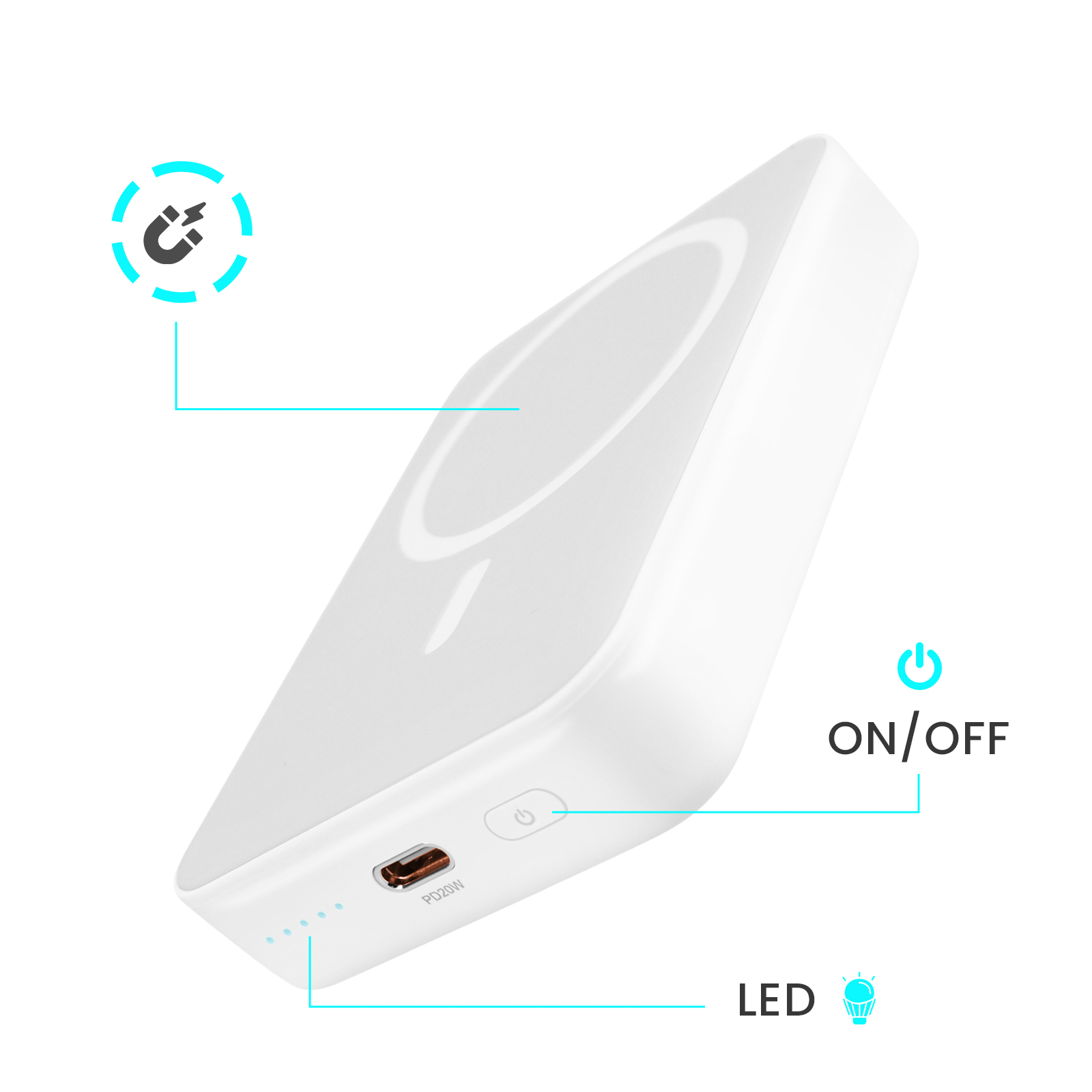 Weiße Powerbank mit Beschriftungen, darunter EIN/AUS, LED und ein Ladesymbol. Weißer Hintergrund.