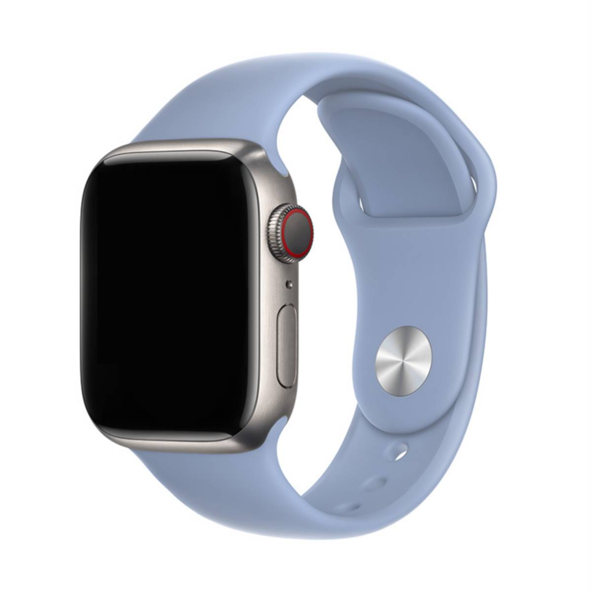 Apple Watch argento con cinturino blu. Pulsante rosso laterale. Schermo nero. Sfondo bianco.
