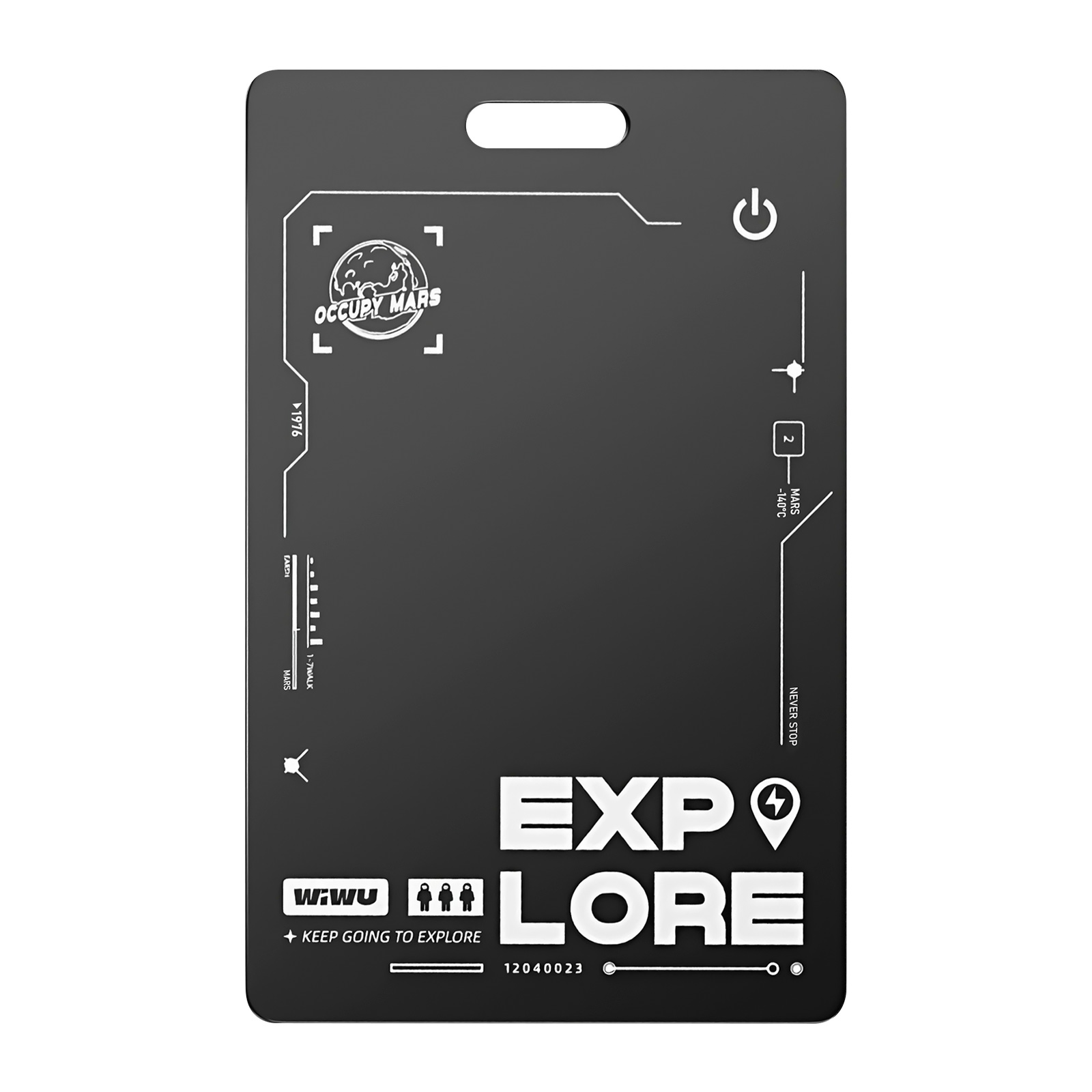 Carta nera con testo 'EXPLORE' e logo 'Occupy Mars', design futuristico.