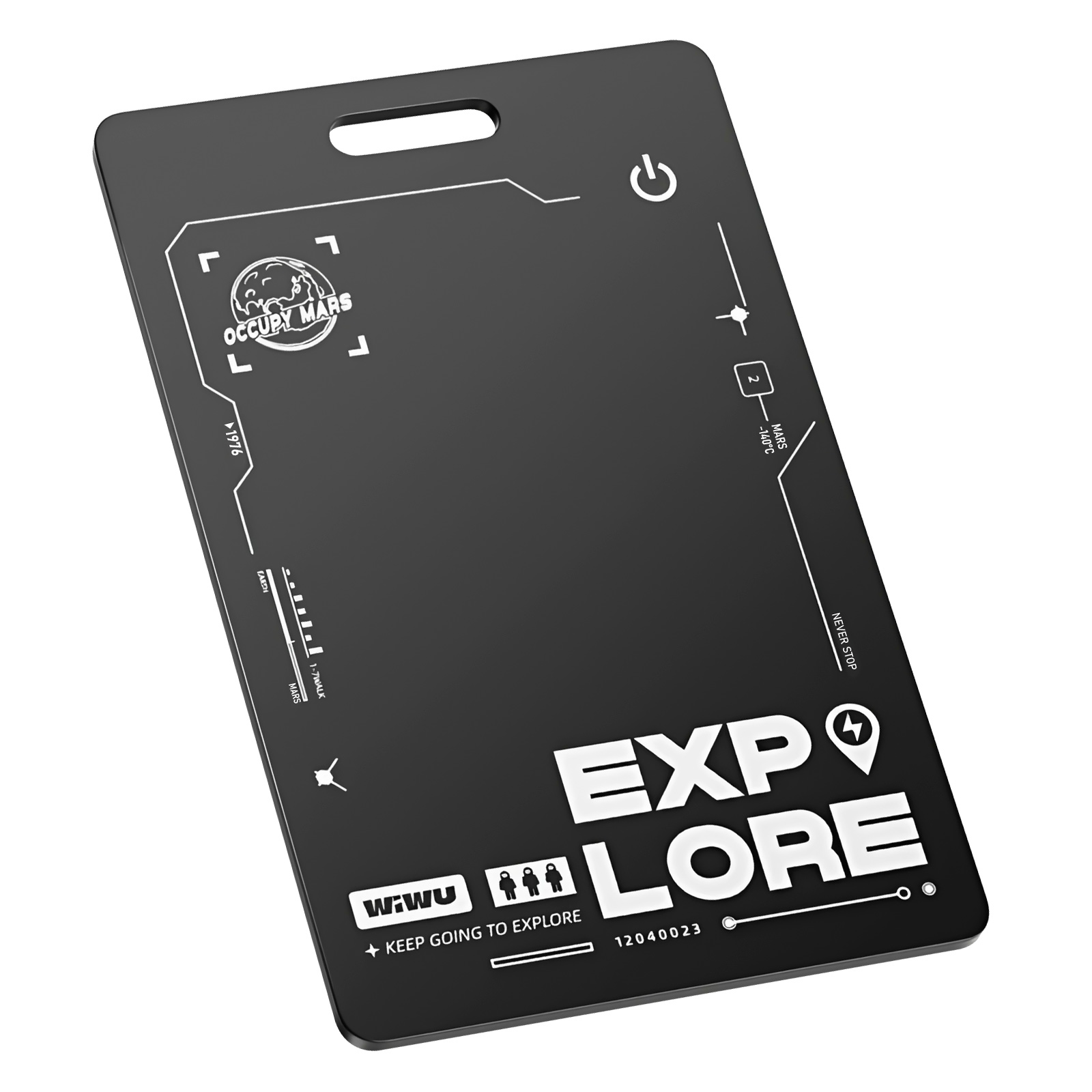 Carta nera con design futuristico, testo 'EXPLORE' e logo 'Occupy Mars'.