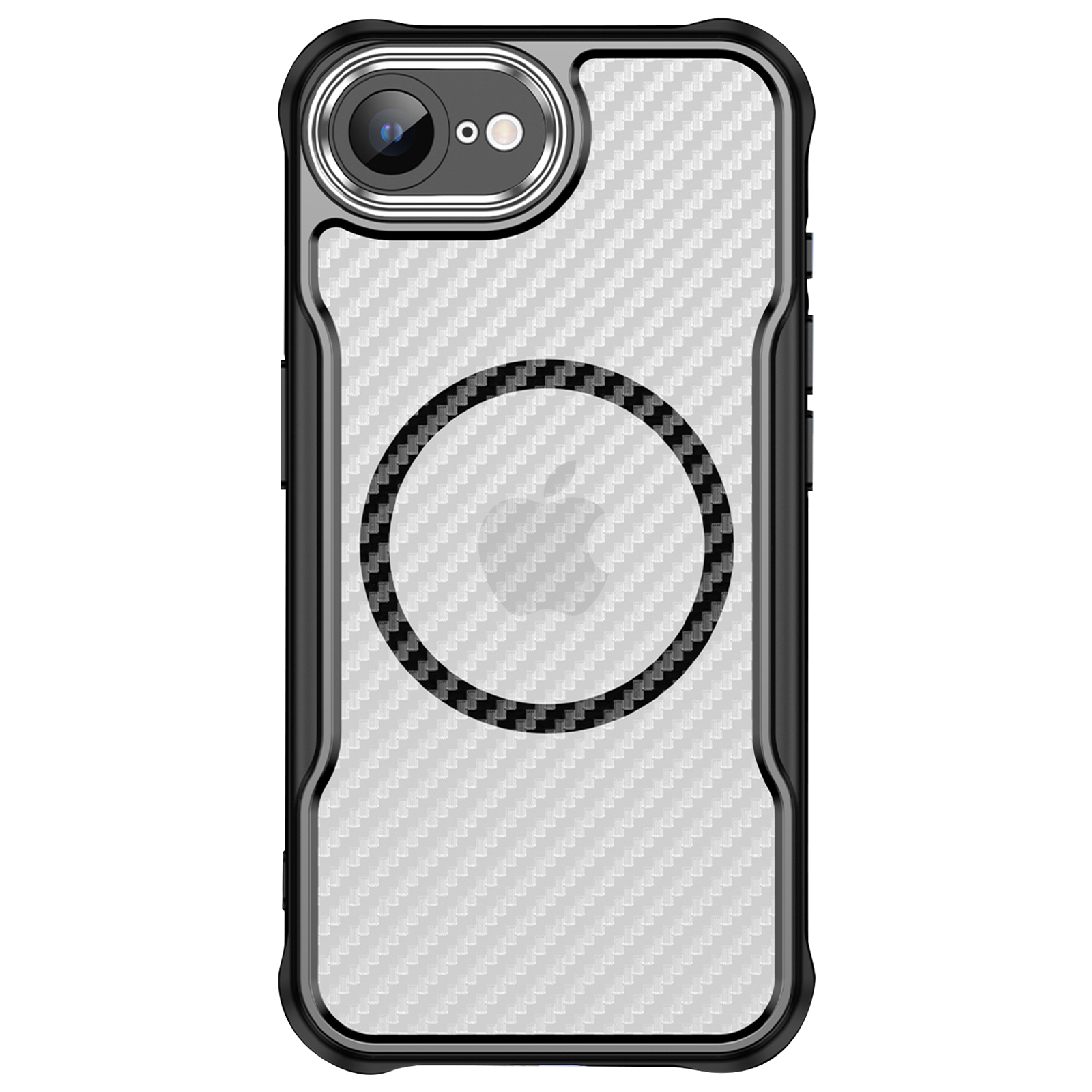 Custodia per iPhone con retro a fantasia bianca, bordi neri e anello fotocamera nero.