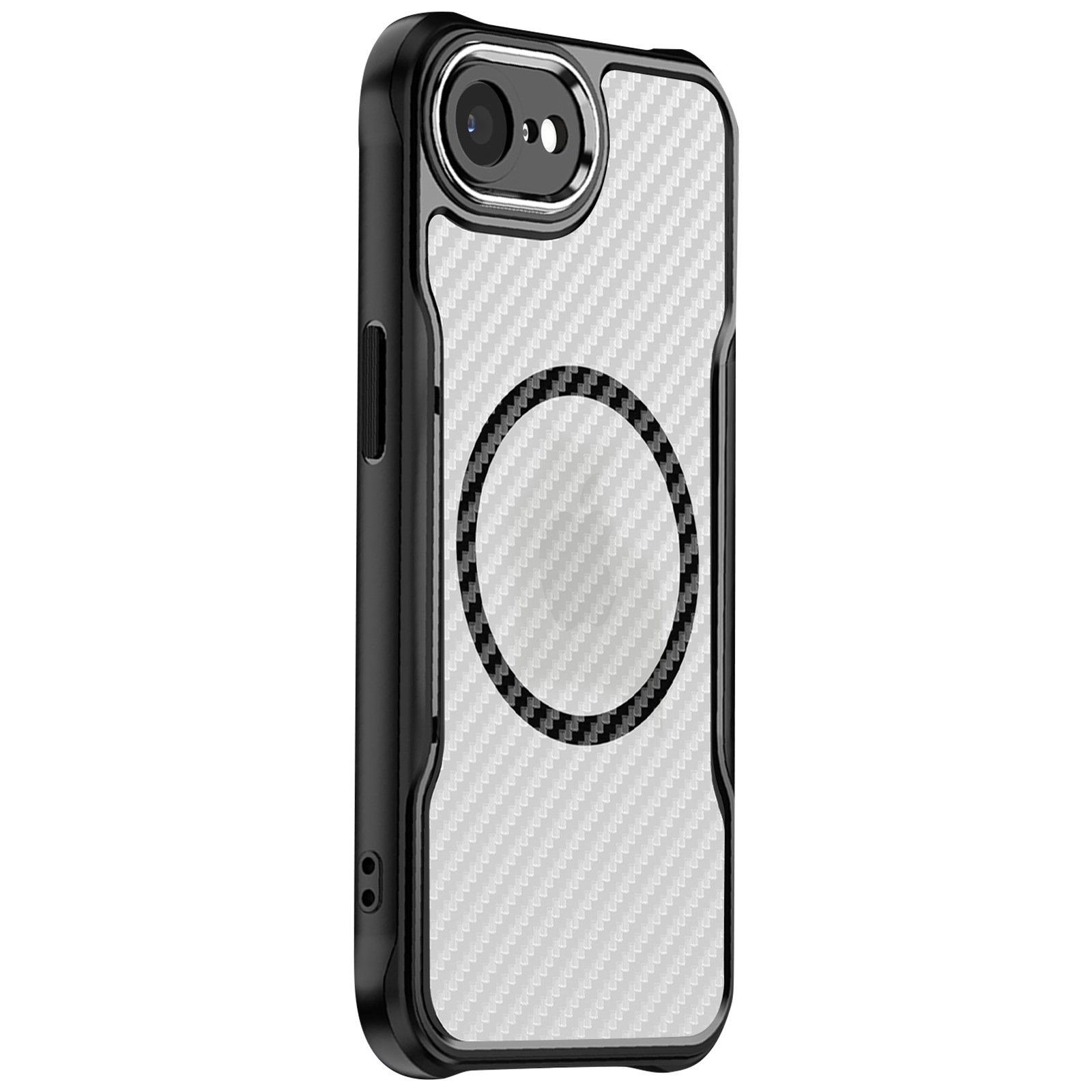 Custodia per iPhone con cornice nera e retro in fibra di carbonio bianca. Cerchio nero.