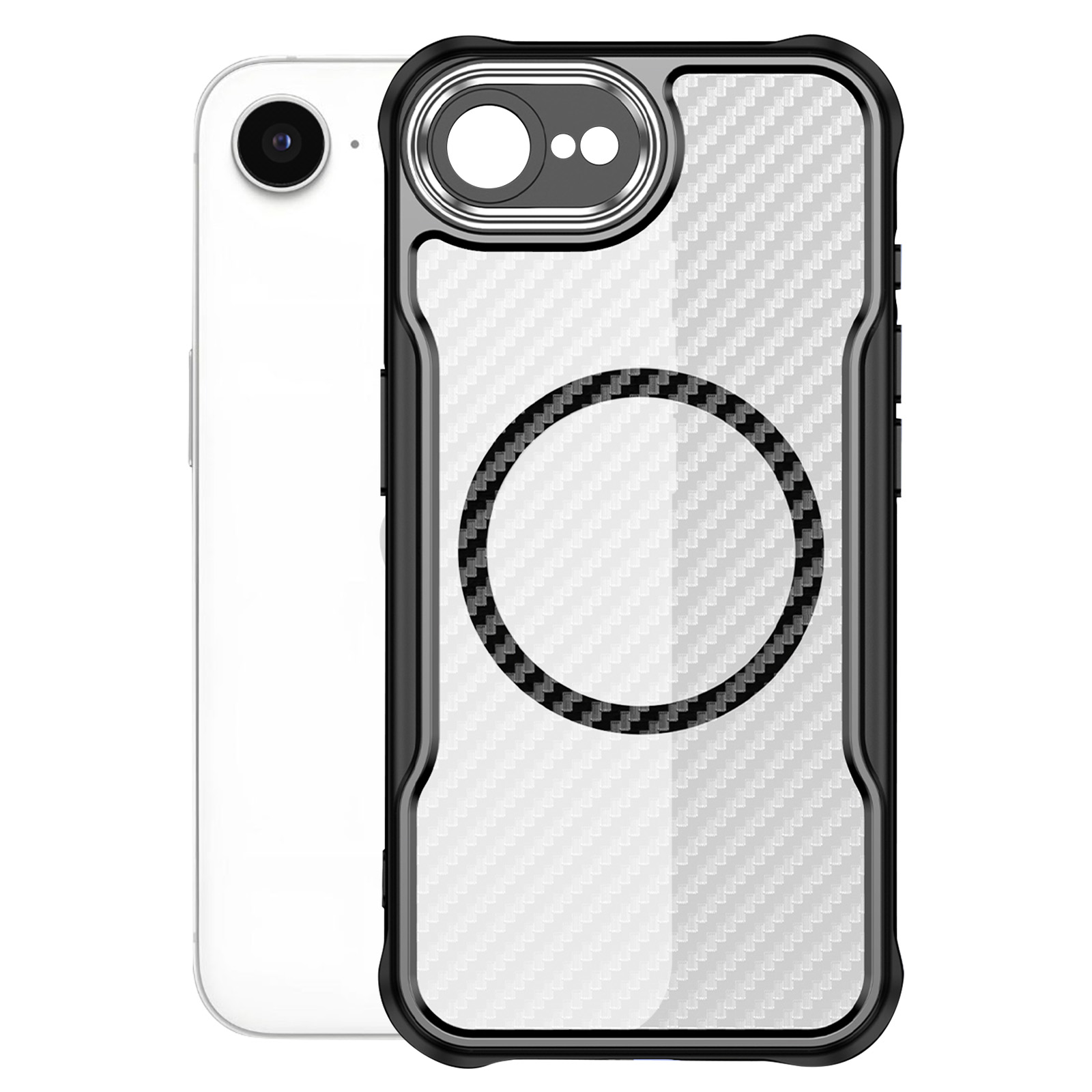 Custodia per iPhone con retro in fibra di carbonio bianca e cerchio nero. iPhone visibile.