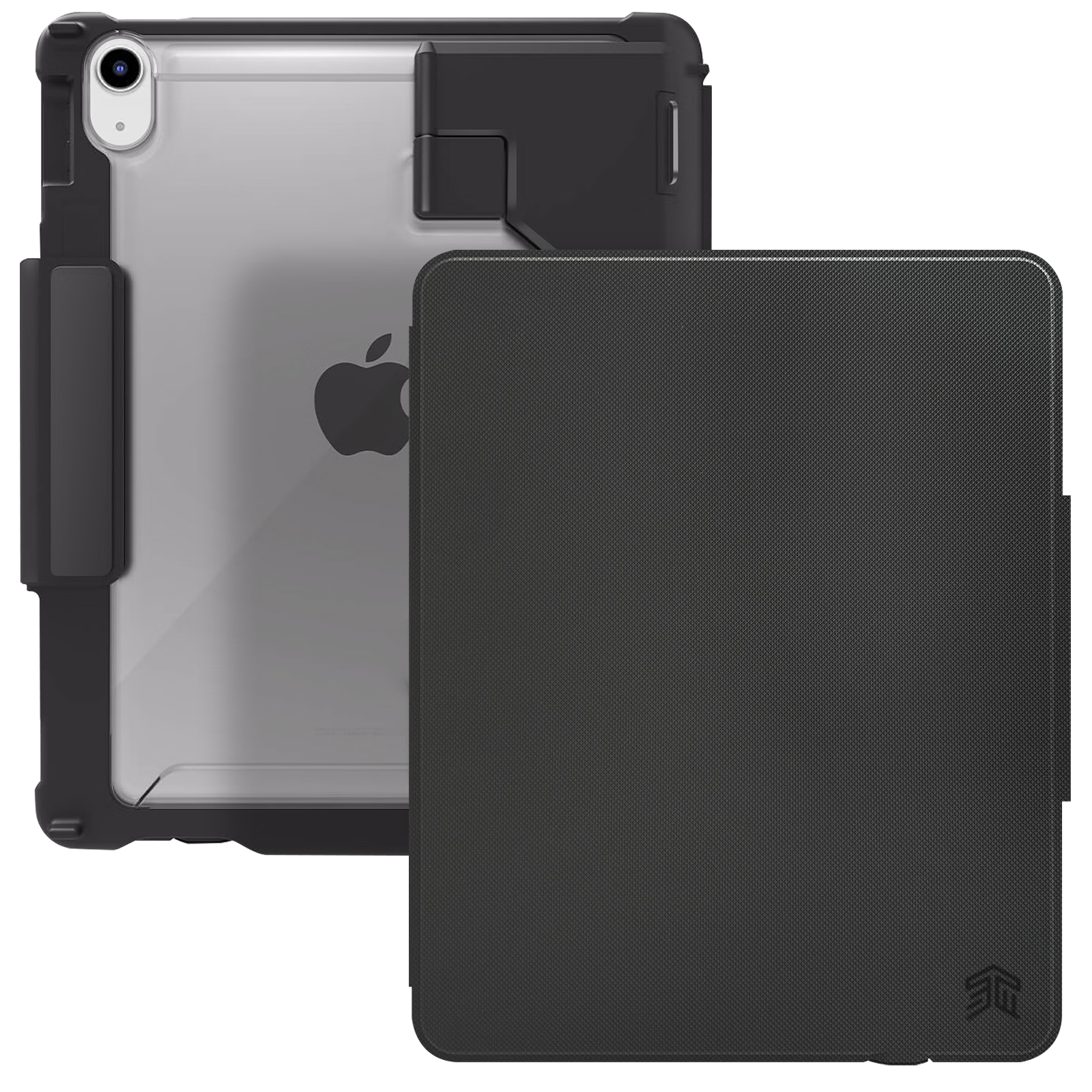 Custodia iPad nera, retro trasparente, cornice nera e una cover. Logo Apple visibile.