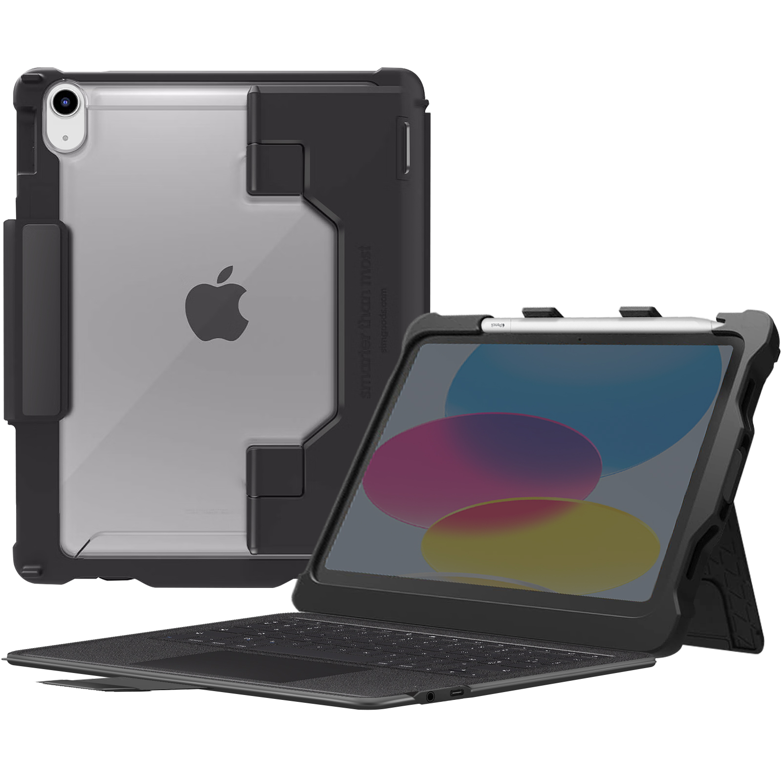 Tablet con custodia con tastiera. Nero con retro trasparente che mostra il logo Apple.