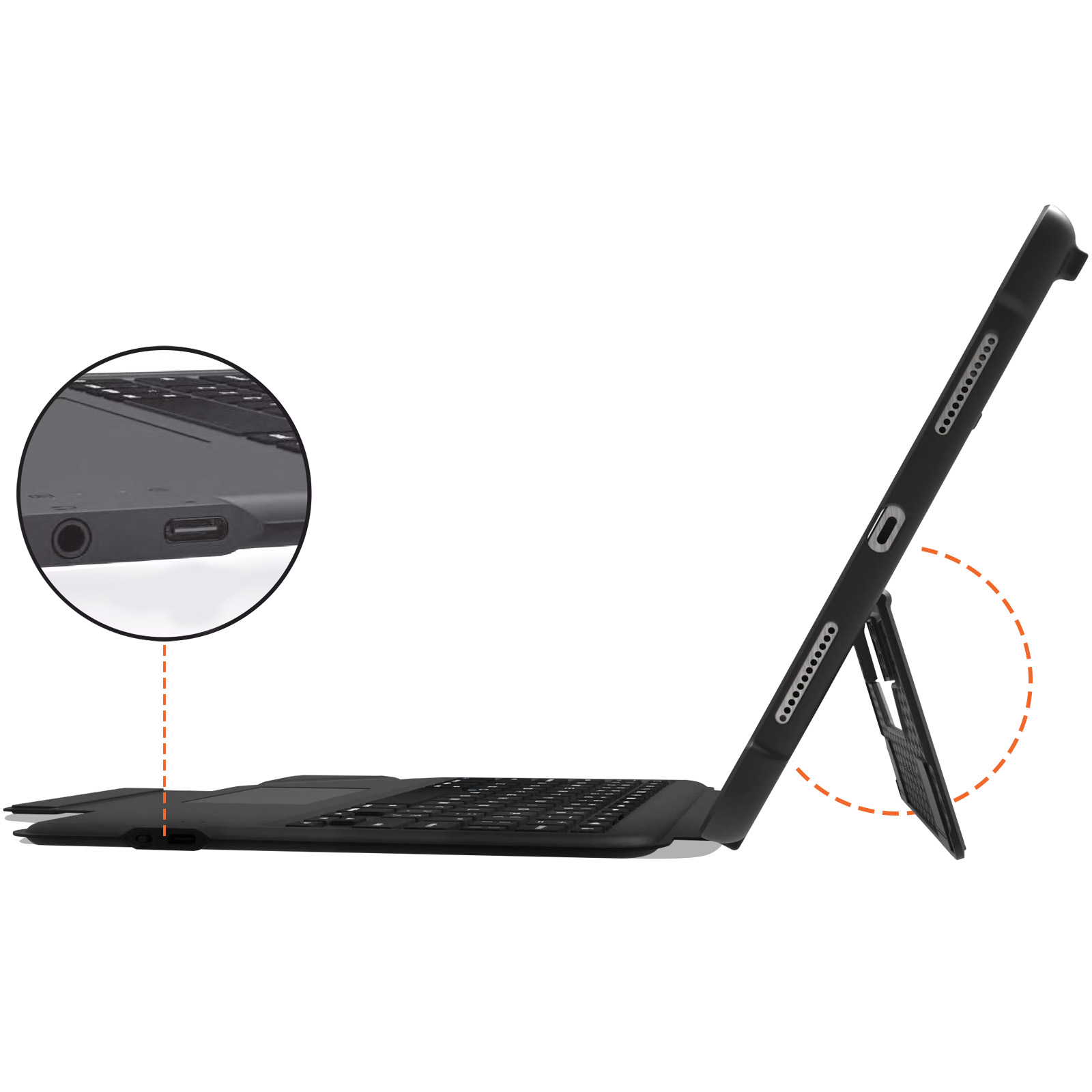 Custodia per tablet, vista laterale, aperta con tastiera. Una porta è nello zoom.