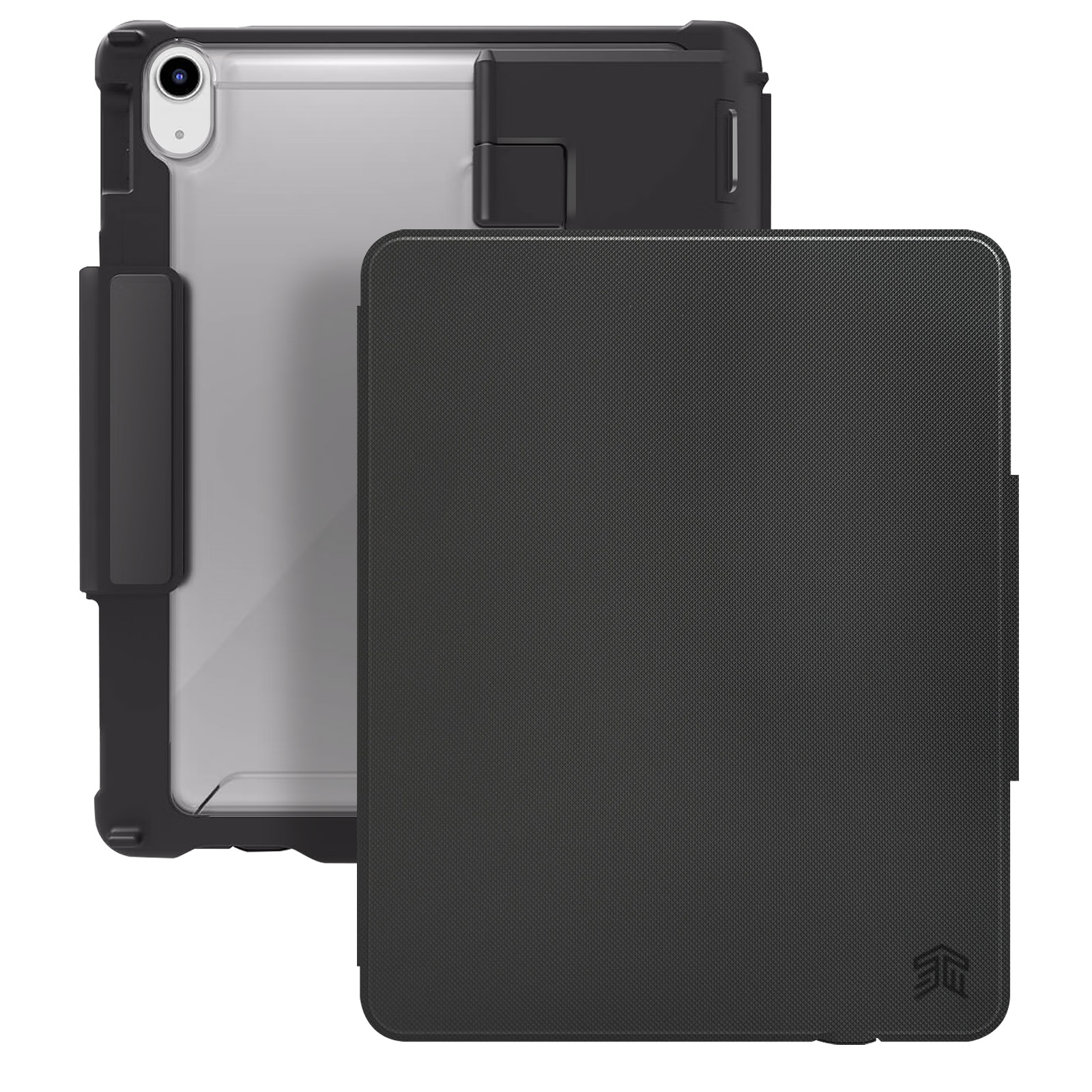 Custodia per iPad nera con cover. L'iPad è a sinistra e la cover a destra.
