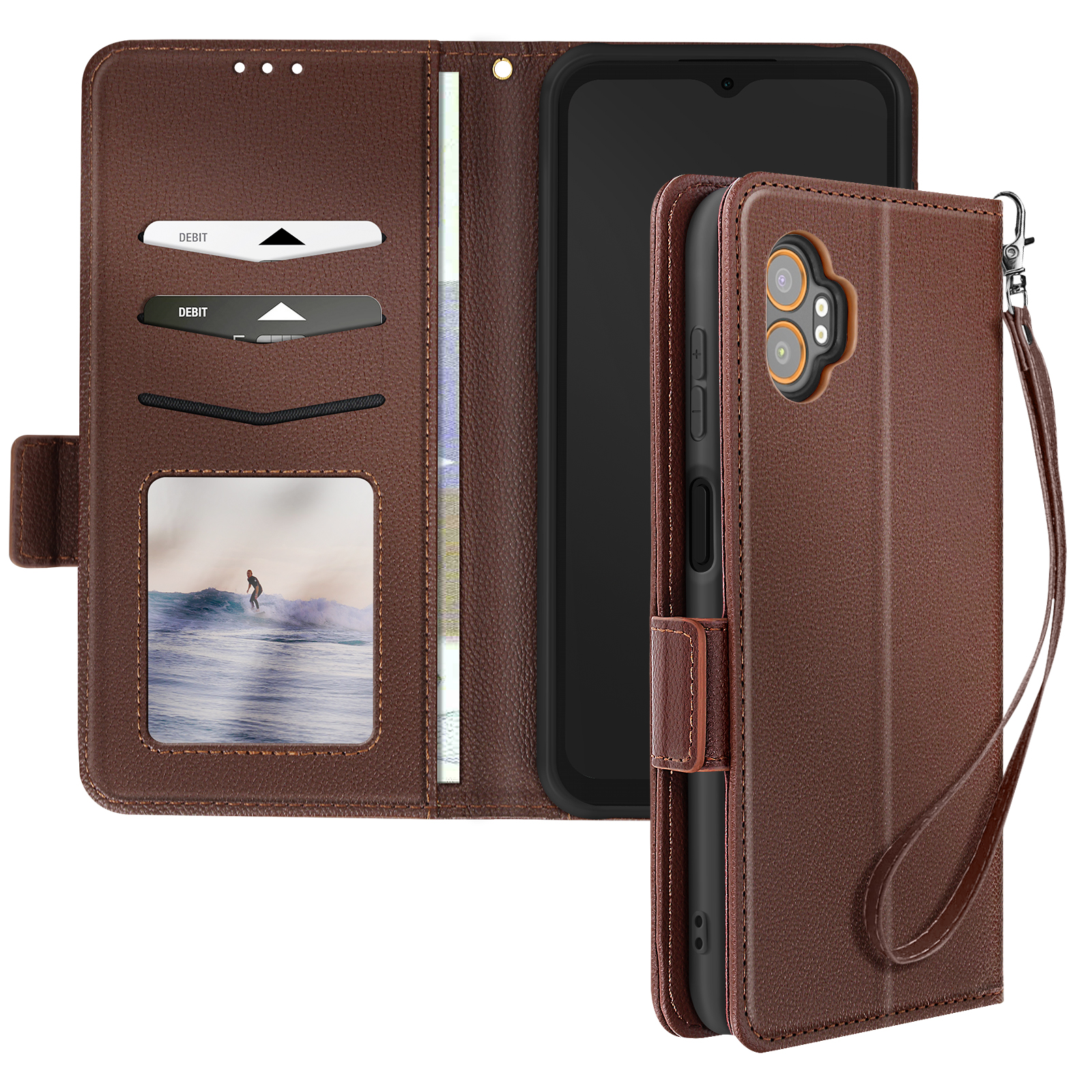 Custodia per telefono in pelle marrone con slot per carte, un'immagine e un telefono.
