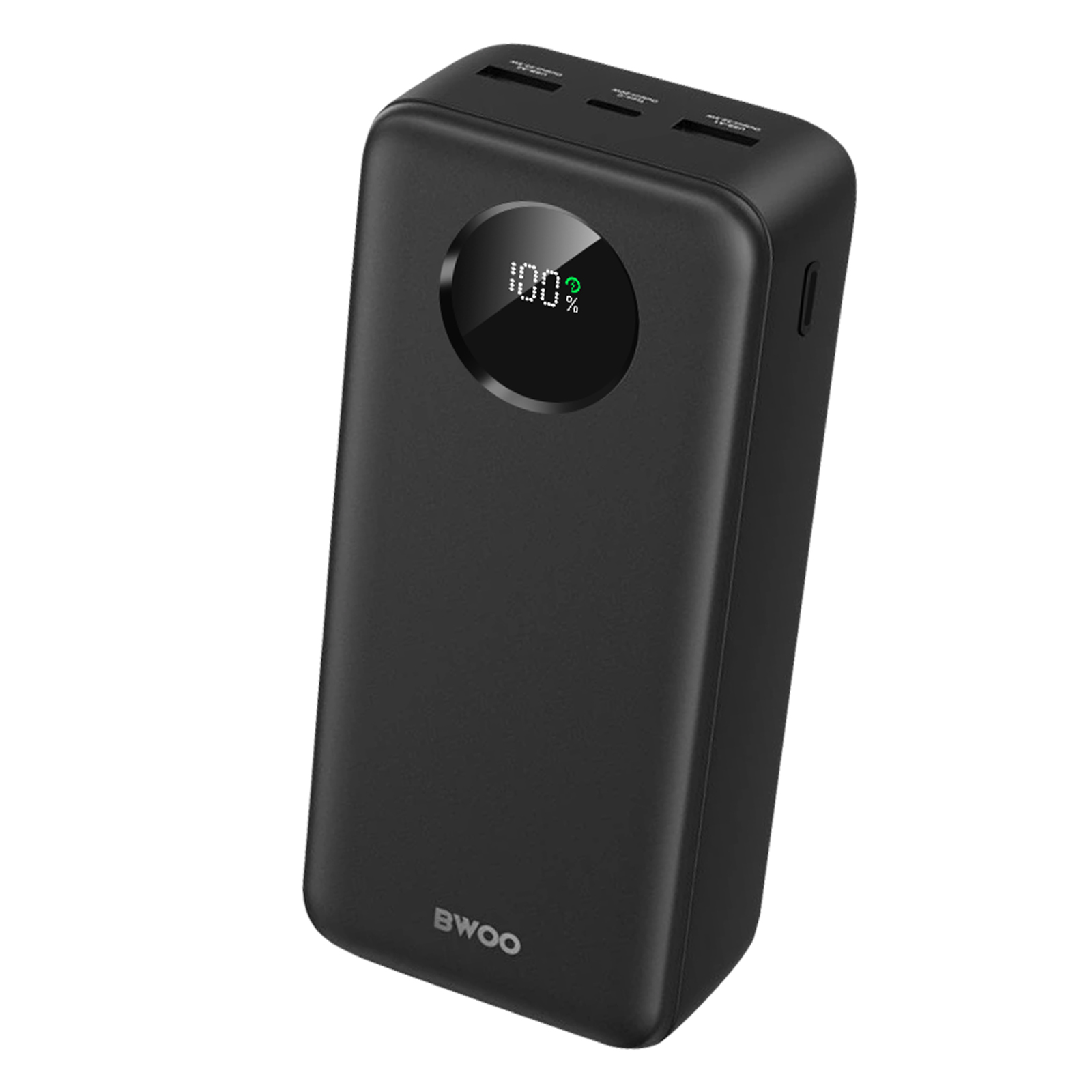 Schwarze Powerbank mit 100 % Ladung. Marke Bwoo.