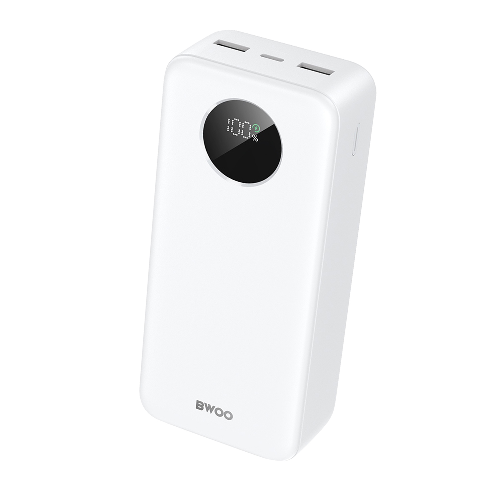 Power bank BWOO bianca, schermo LED mostra 100%. Due porte USB visibili.
