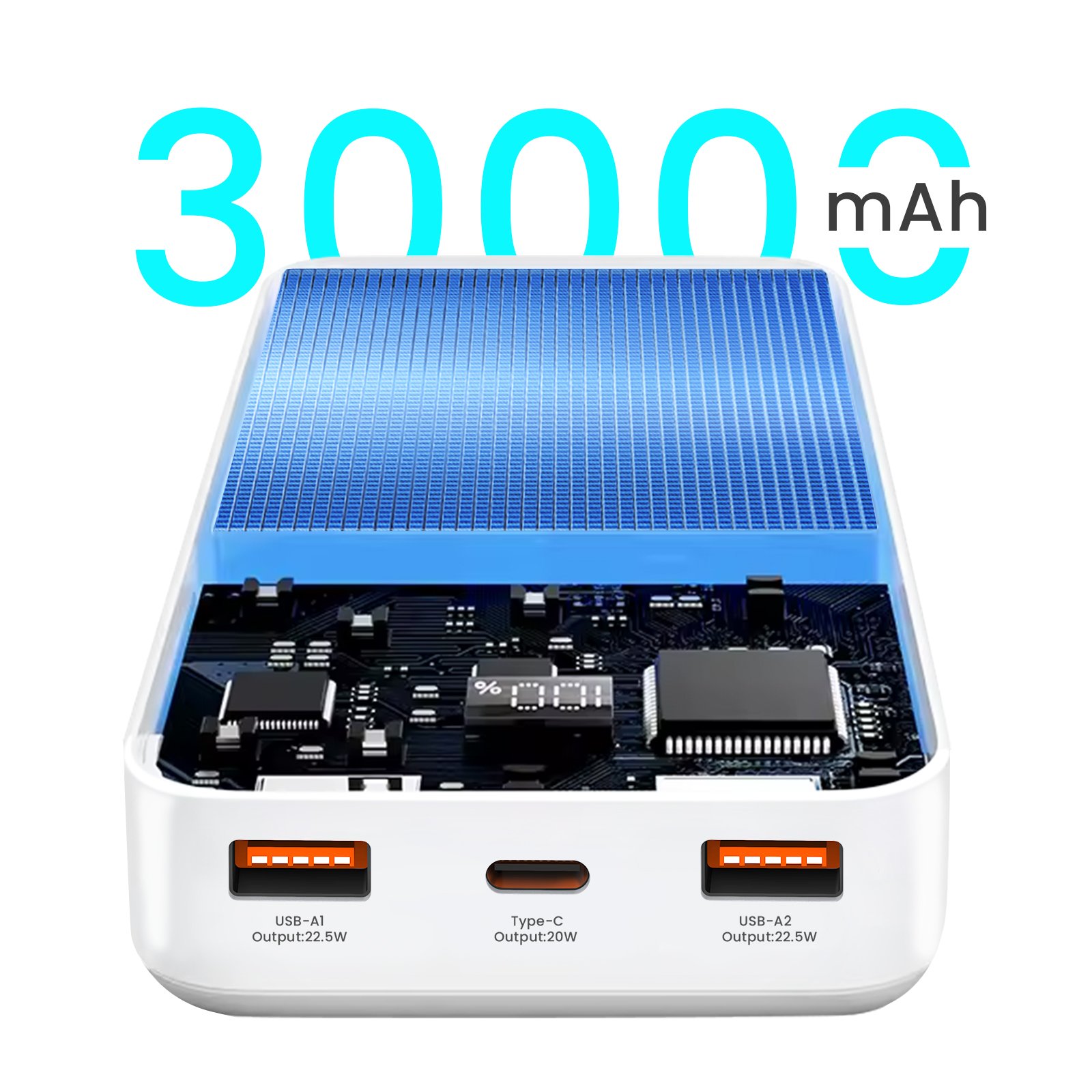 Power bank bianca con griglia blu, mostra porte e 3000mAh.