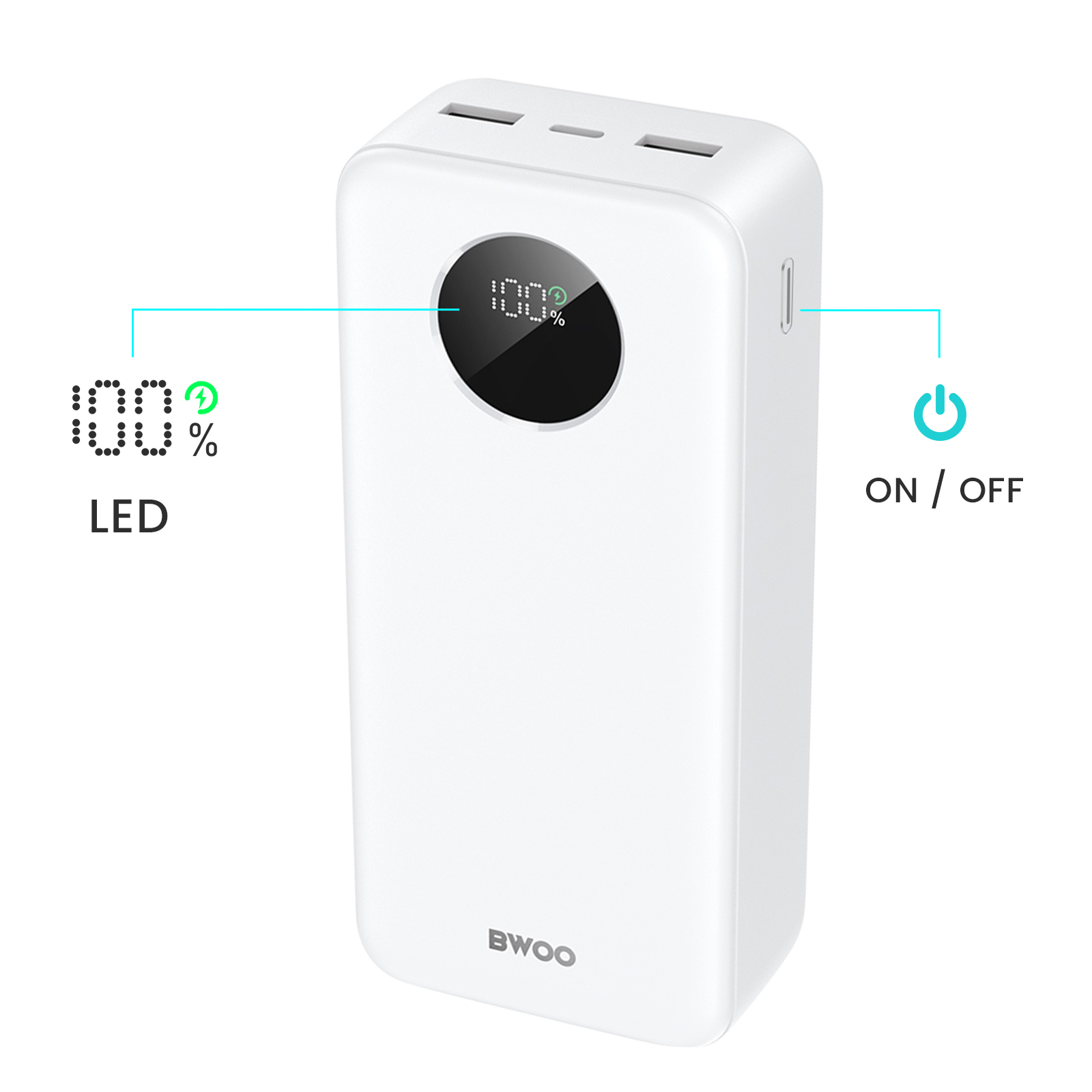 Power bank bianca. Display LED mostra 100%. Pulsante On/Off e testo LED visibili.