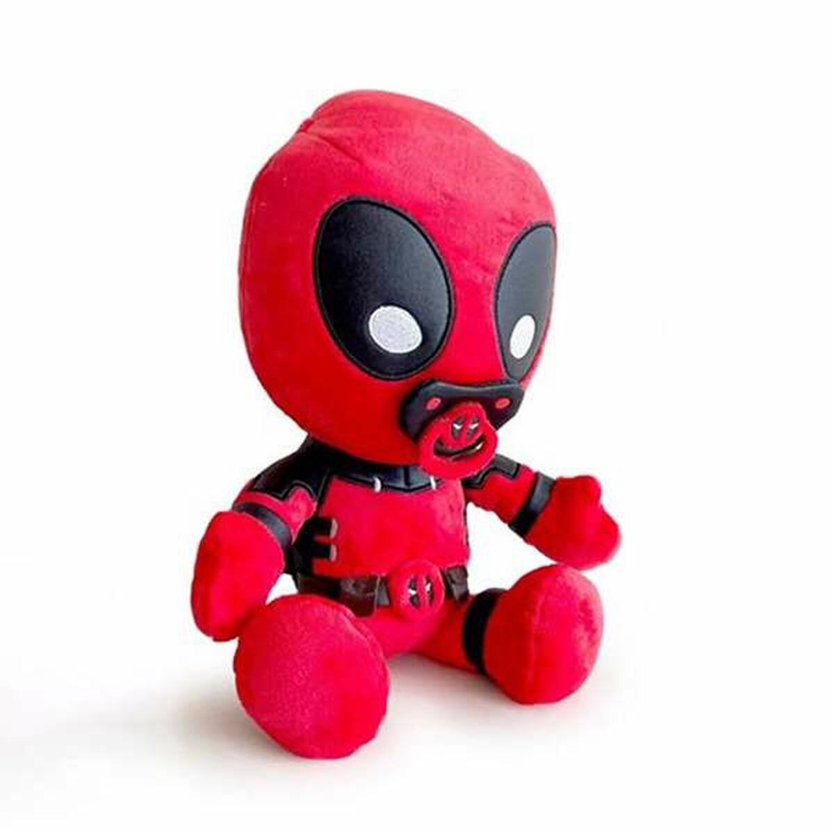 Deadpool-Plüschtier mit rotem Anzug, schwarzer Maske und Schnuller.
