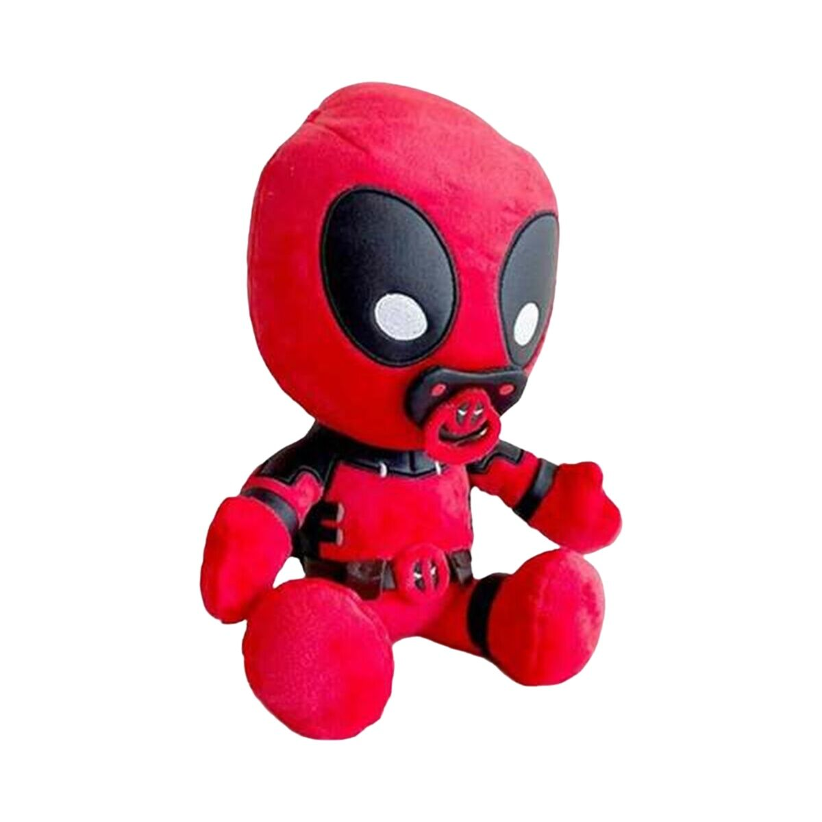 Deadpool-Plüschtier, roter Anzug, schwarze Maske, Schnuller, sitzt.