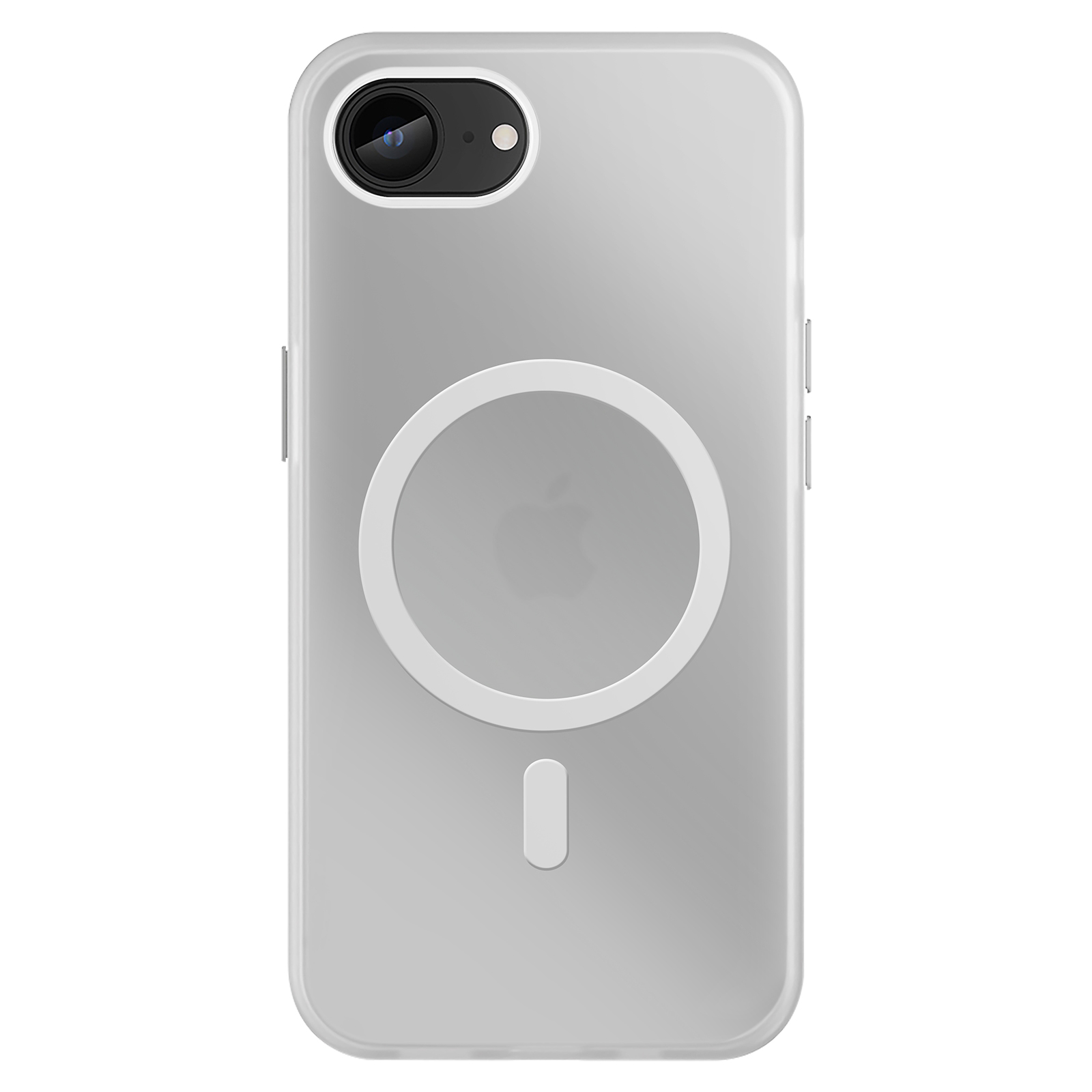 Coque transparente pour téléphone avec MagSafe circulaire blanc. Objectif de caméra noir et boutons. Fond blanc.