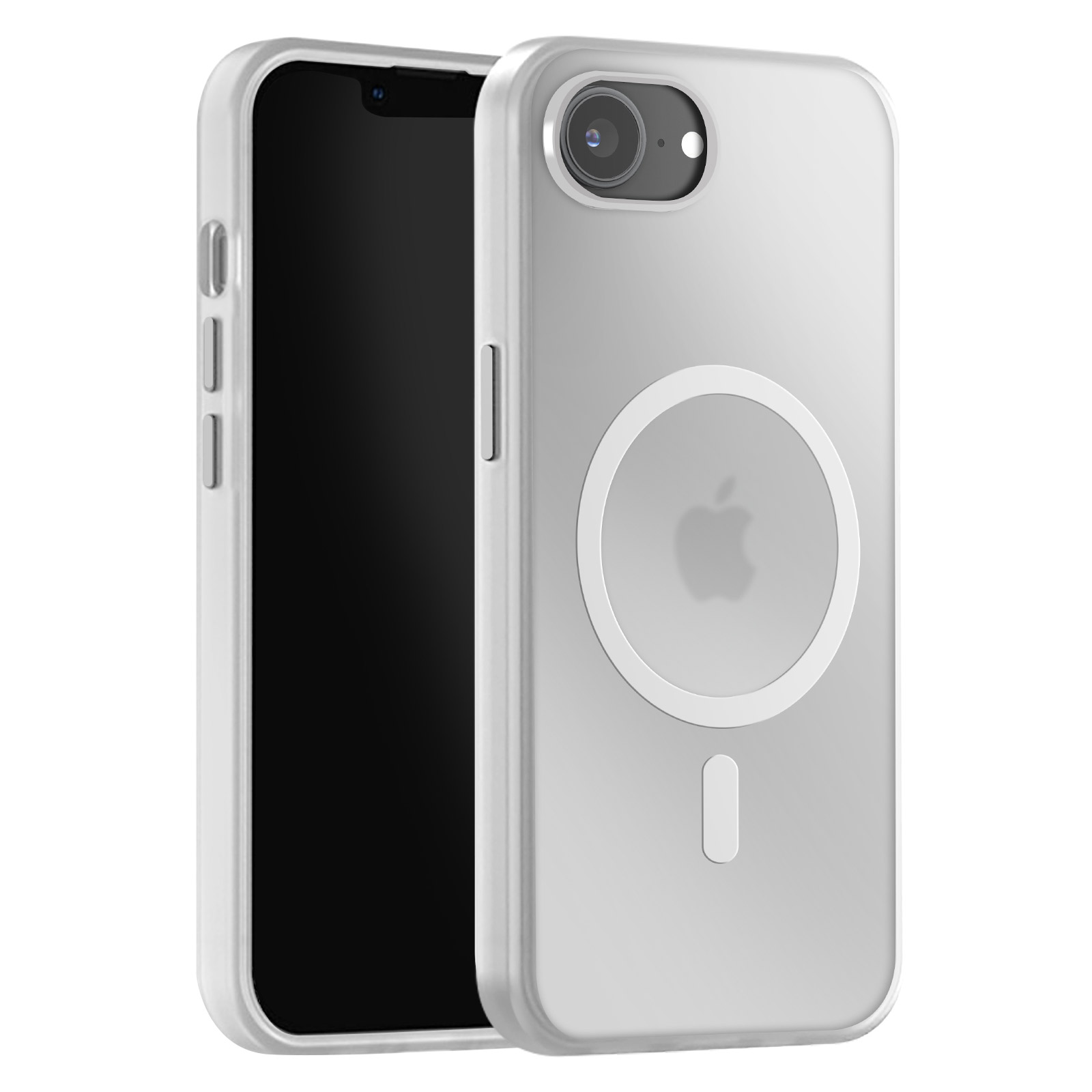 Téléphone dans un étui transparent avec cercle MagSafe blanc. Écran noir. Fond blanc.