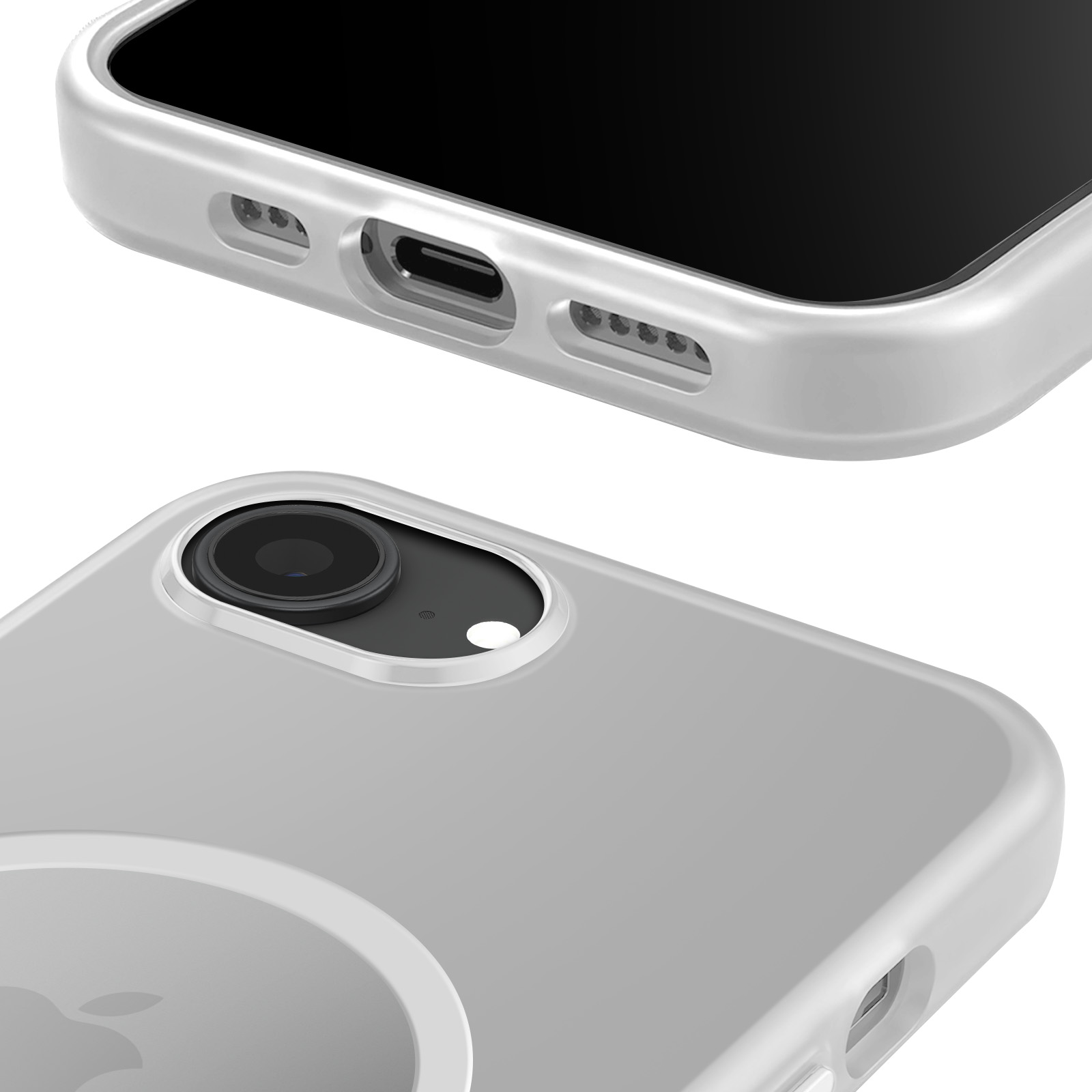 Gros plan du téléphone et de l'étui. Étui blanc avec MagSafe. Écran noir. Fond blanc.