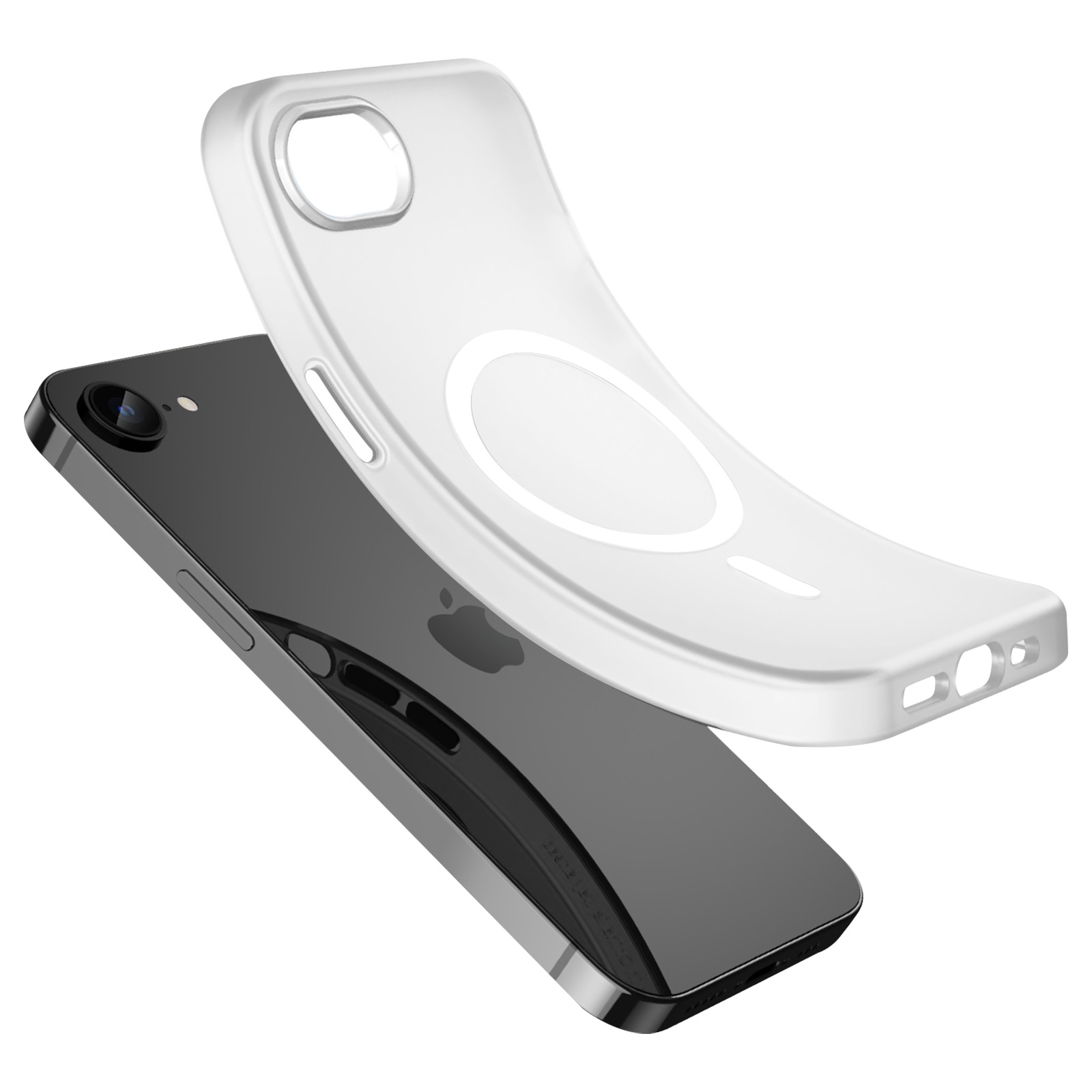 Téléphone et coque transparente. Cercle MagSafe blanc. Écran noir. Fond blanc.