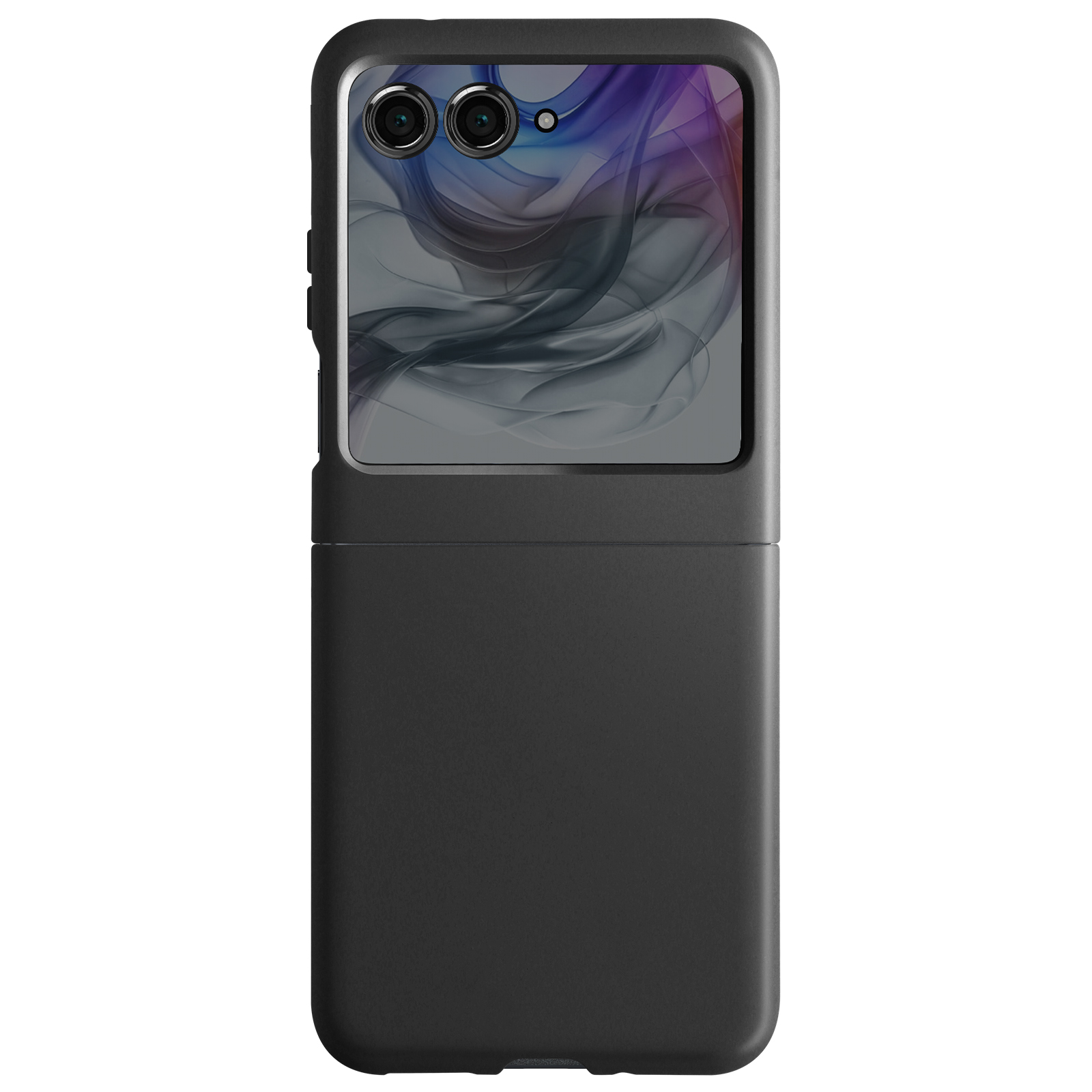 Custodia nera per telefono con intaglio per doppia fotocamera. Schermo con design.